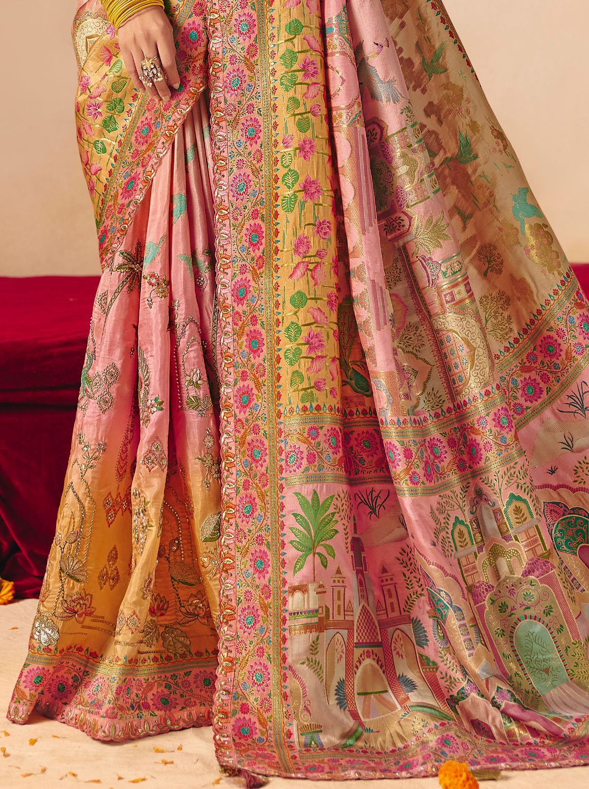 Multicolor Designer Dola Silk Saree with Embroidery