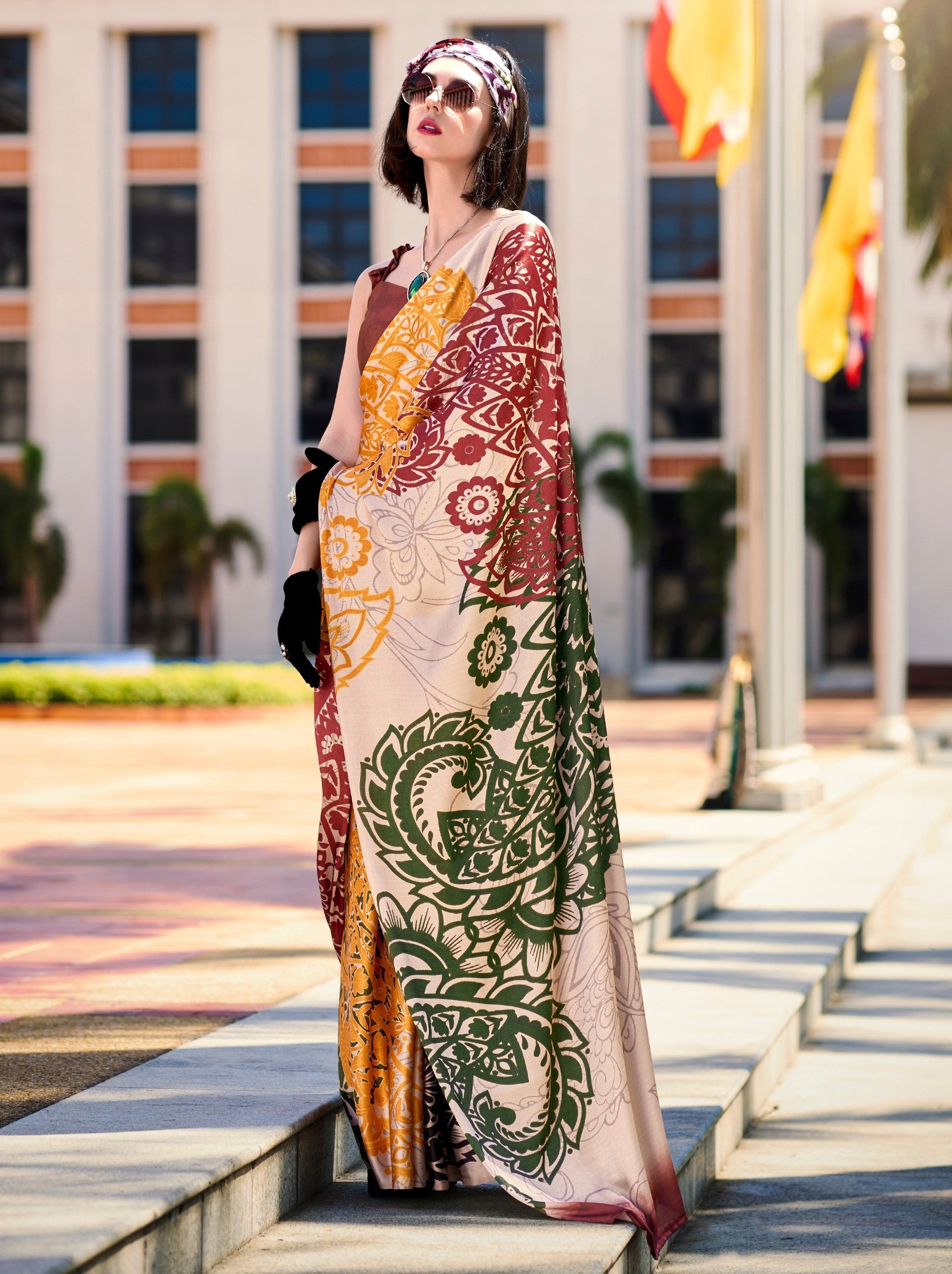 Cream Multicolor Party Saree - TrendOye