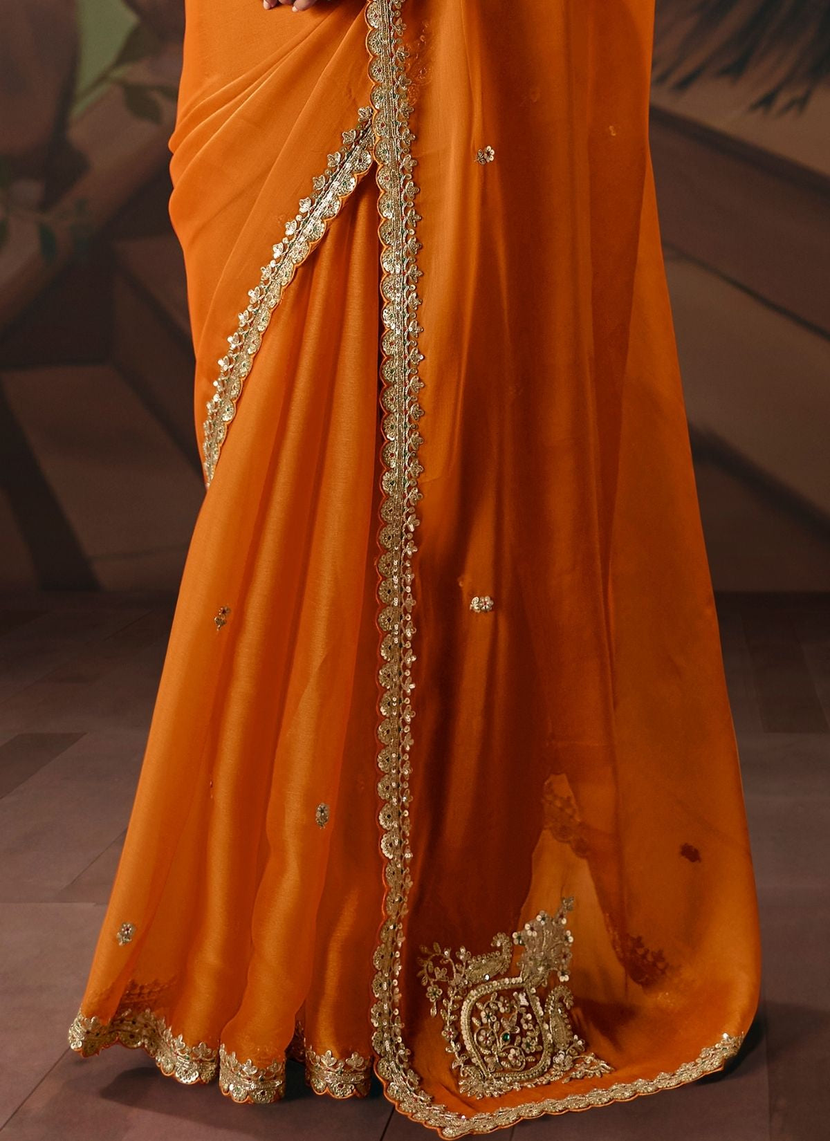 Tiger Orange Celebration Fancy Saree With Premium Blouse Piece - TrendOye
