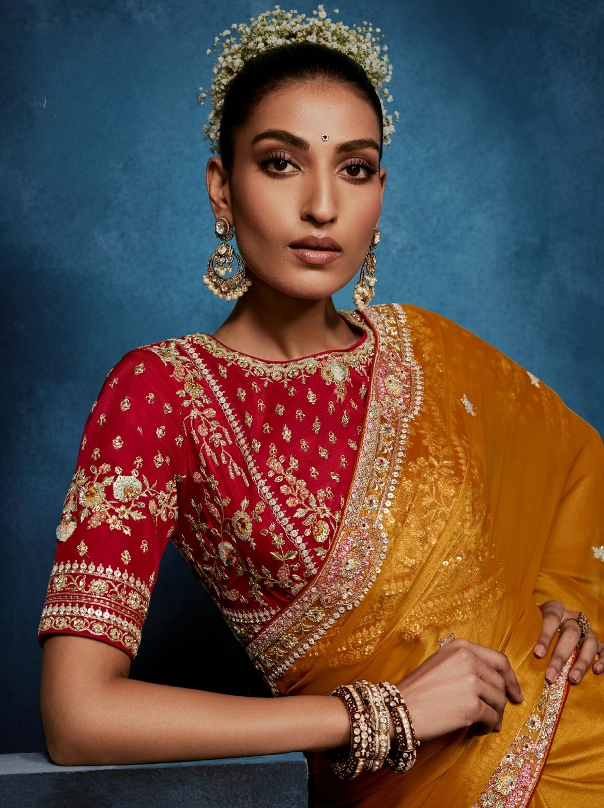 Apricot Orange Celebration Fancy Saree With Premium Blouse - TrendOye