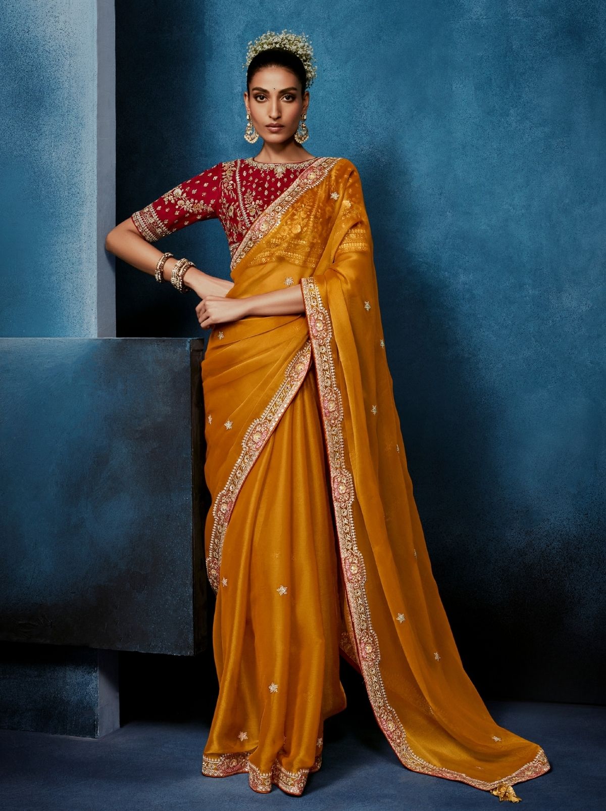 Apricot Orange Celebration Fancy Saree With Premium Blouse - TrendOye