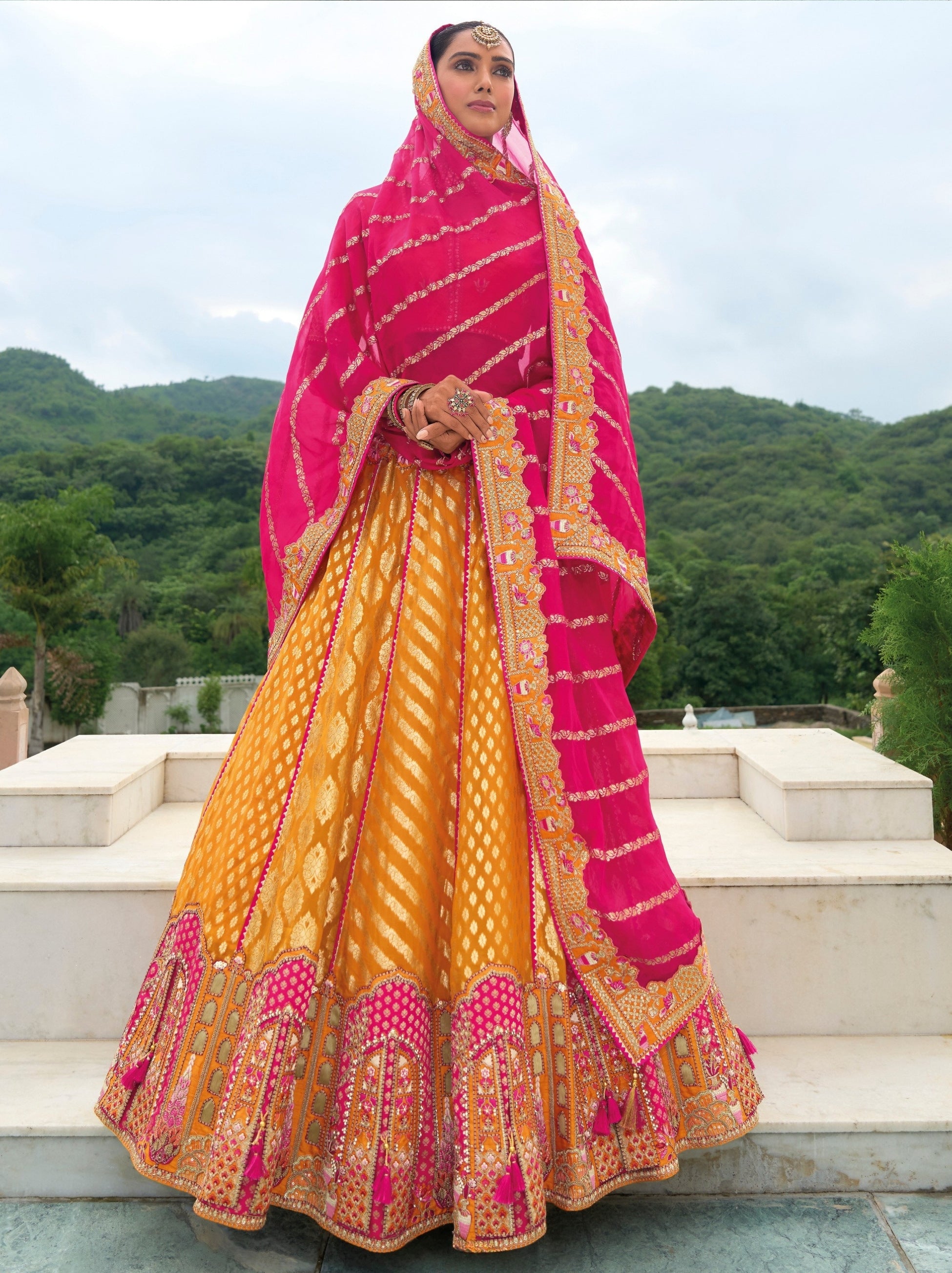Tangerine Orange Wedding Lehenga Set With Thread Embroidery - TrendOye