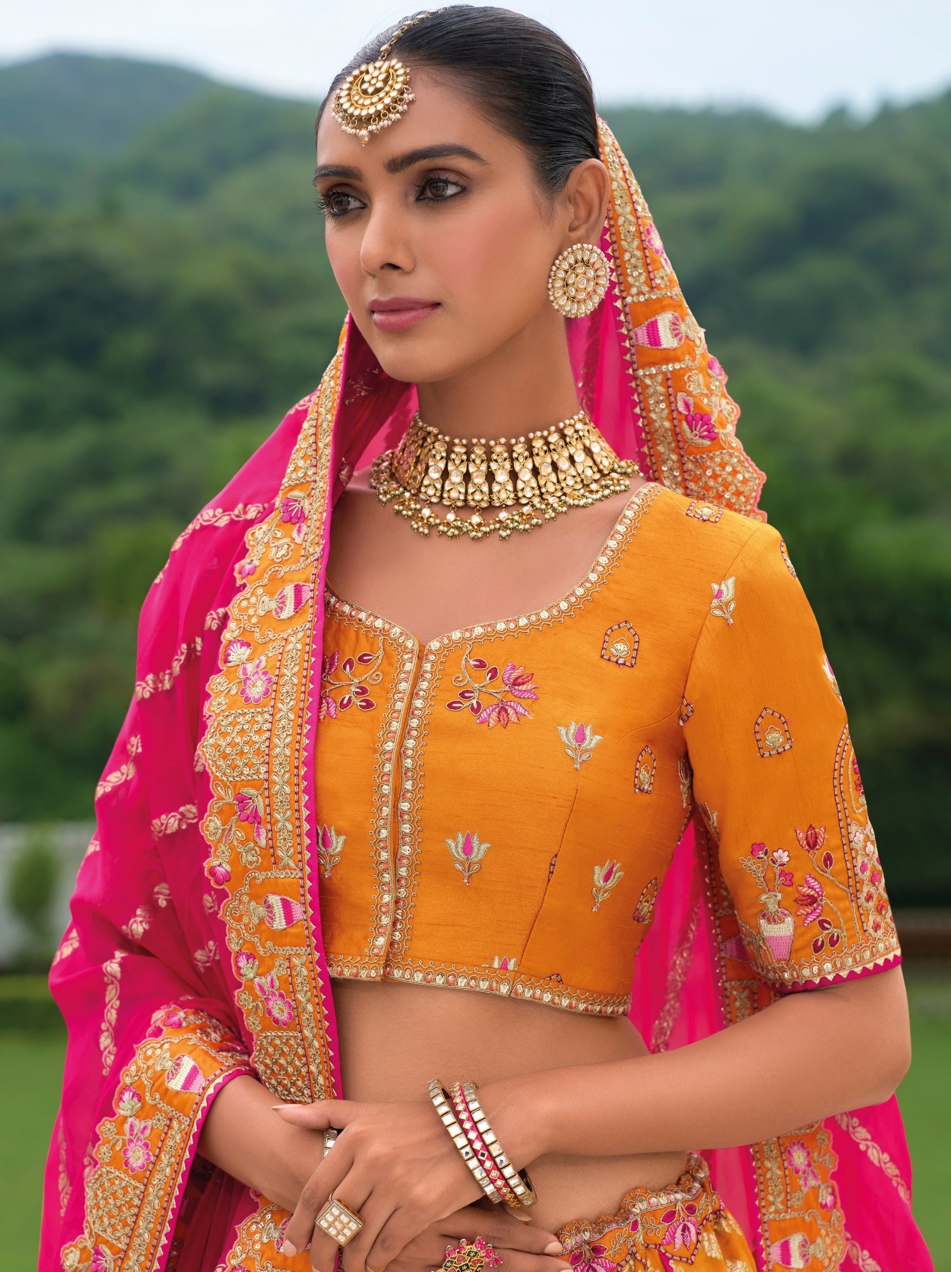 Tangerine Orange Wedding Lehenga Set With Thread Embroidery - TrendOye