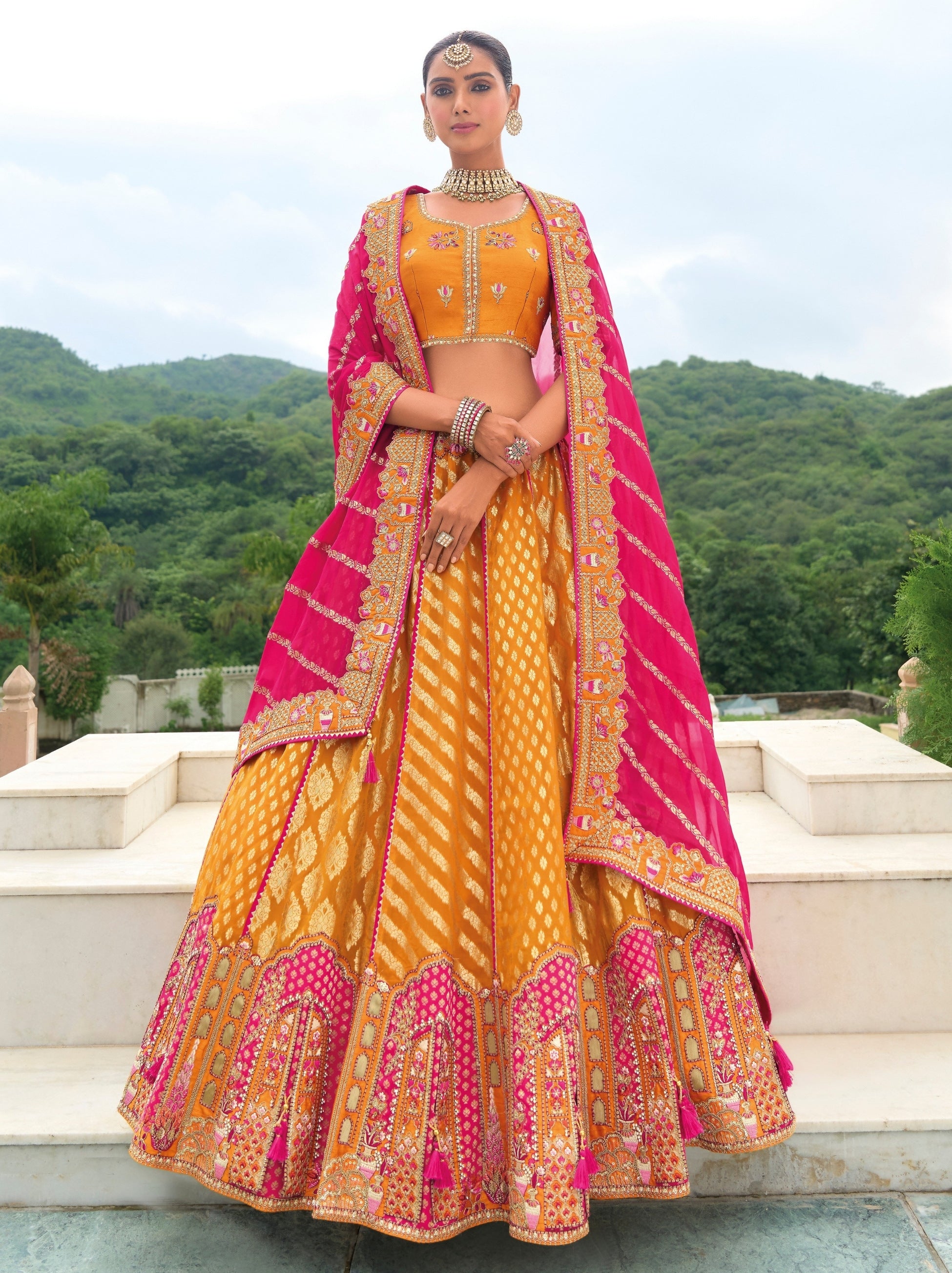 Tangerine Orange Wedding Lehenga Set With Thread Embroidery - TrendOye