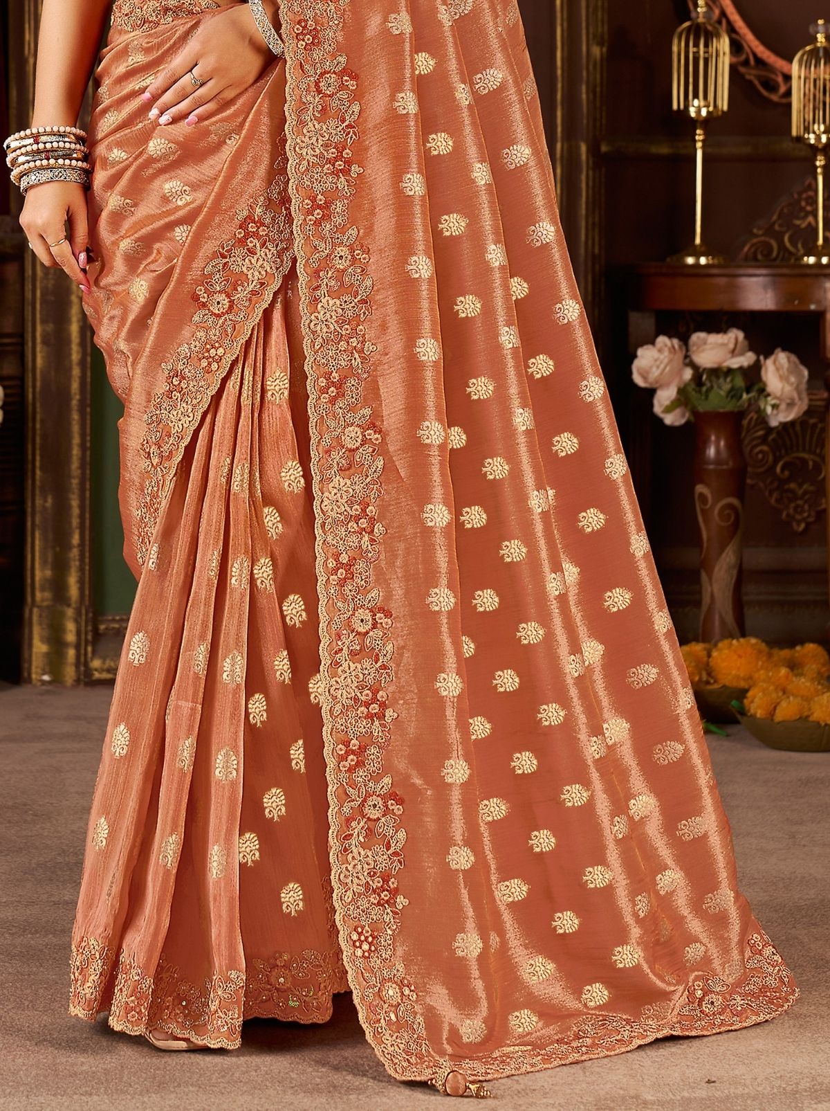 Rust Orange Designer Fancy Silk Bridal Saree With Blouse Piece