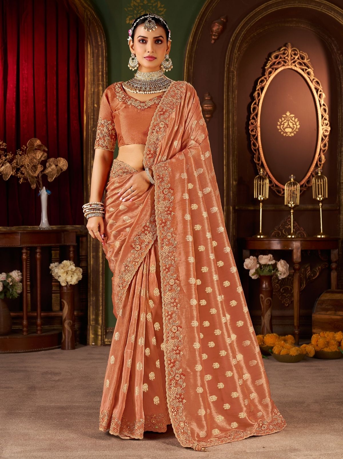 Rust Orange Designer Fancy Silk Bridal Saree With Blouse Piece