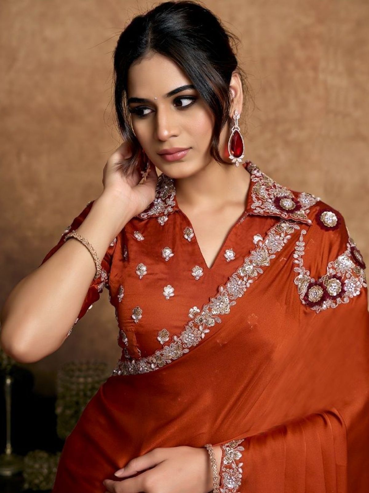 Copper Orange Designer Party Wear Saree With Blouse Piece