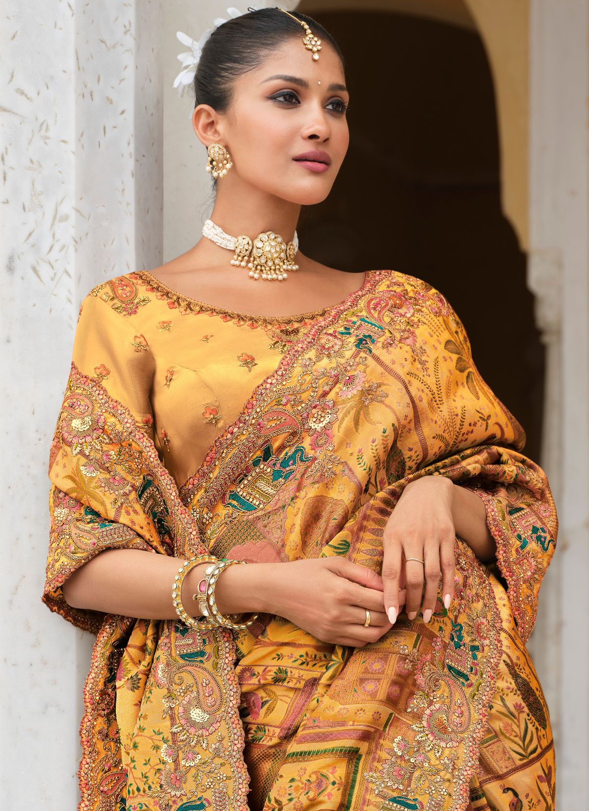 Honey Orange Designer Premium Silk Saree With Heavy Work - TrendOye