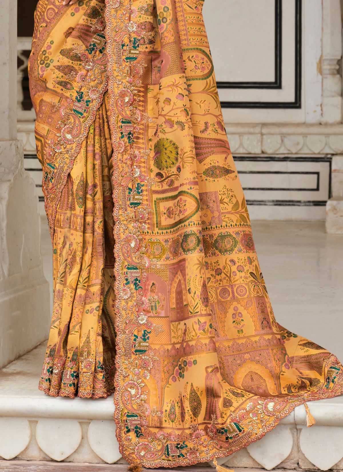 Honey Orange Designer Premium Silk Saree With Heavy Work - TrendOye