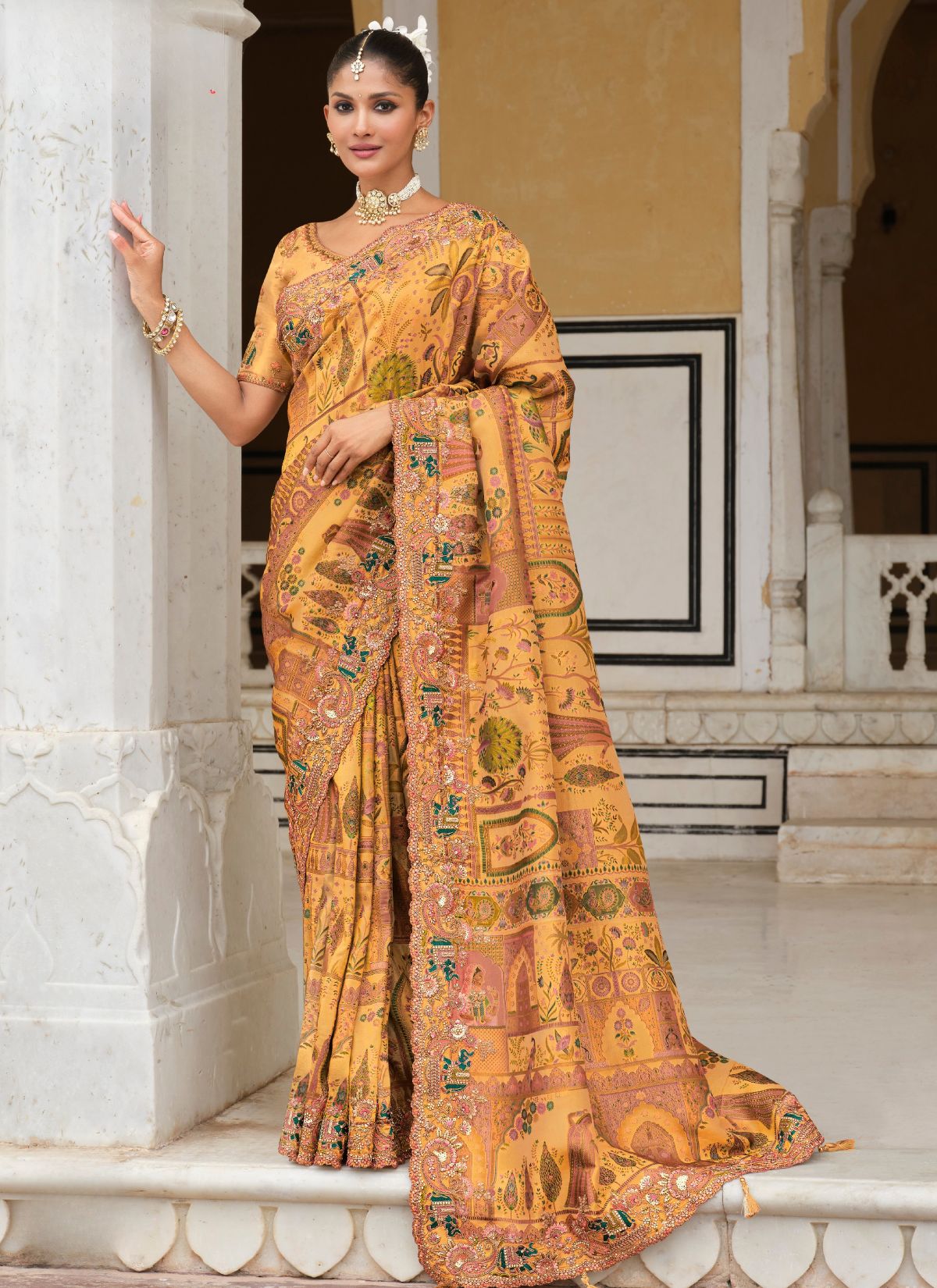 Honey Orange Designer Premium Silk Saree With Heavy Work - TrendOye