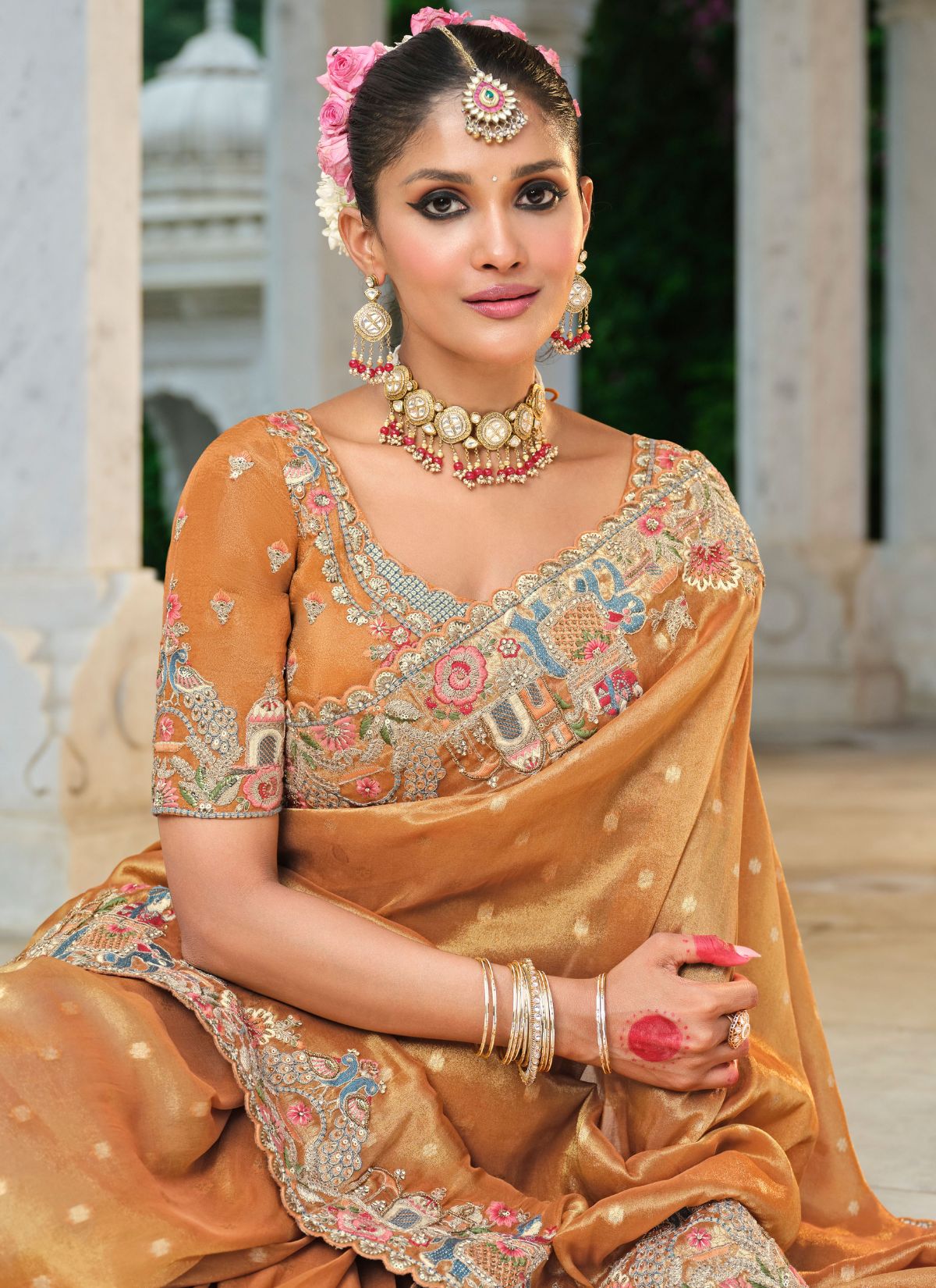 Apricot Orange Designer Premium Tissue Silk Saree With Hand-Embroidery - TrendOye