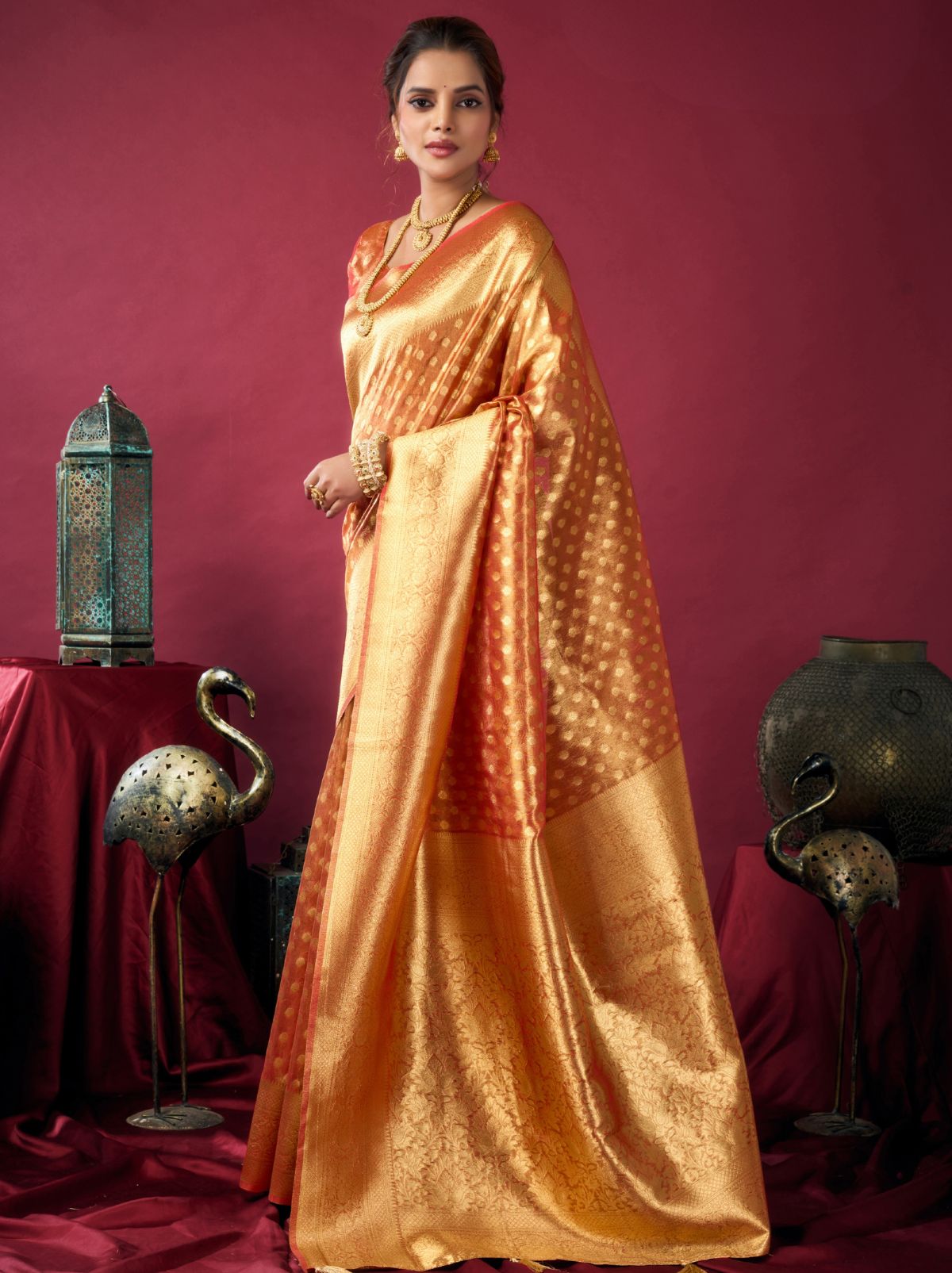 Copper Orange Designer Tissue Silk Saree with Tassel Border