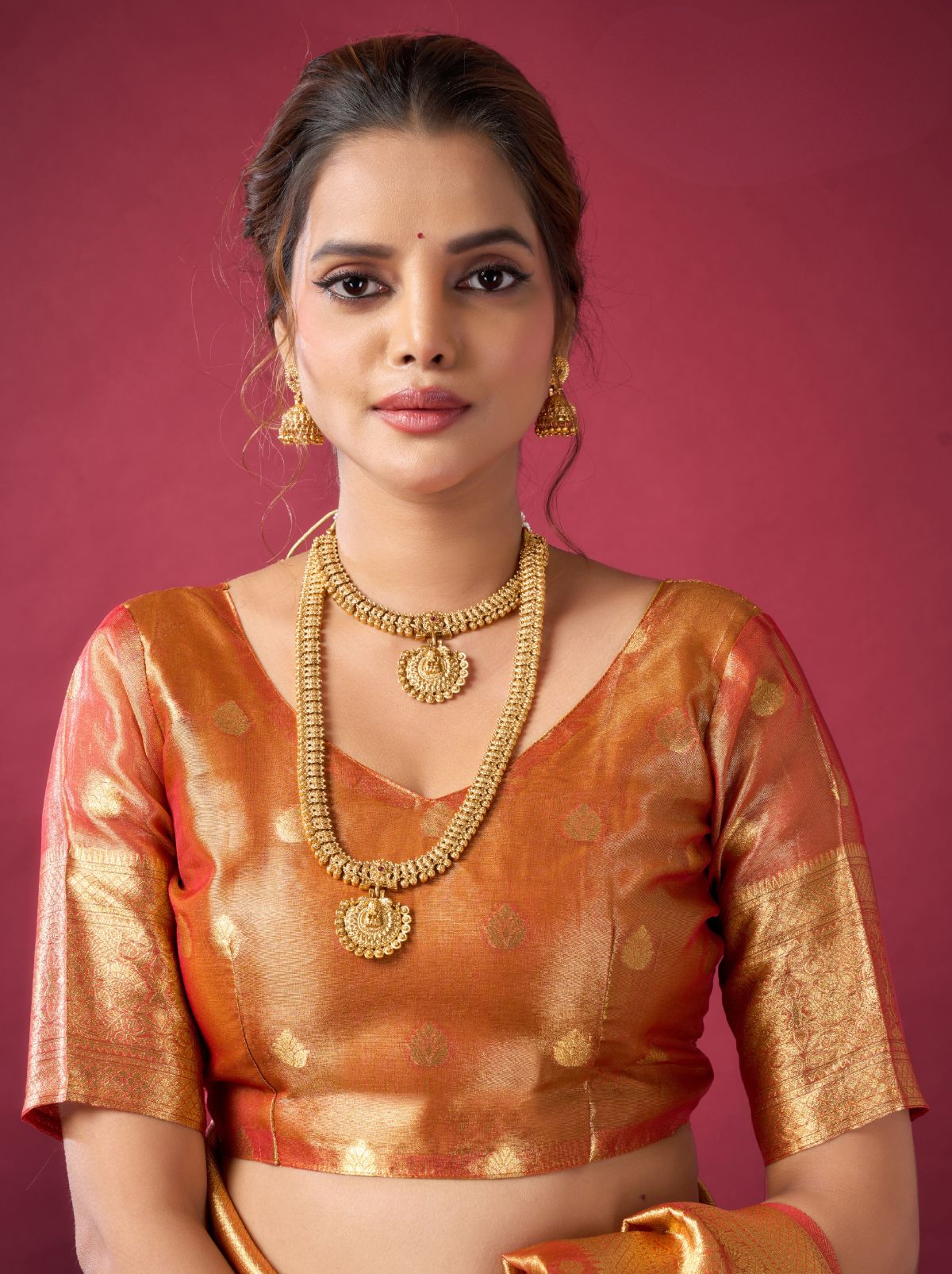 Copper Orange Designer Tissue Silk Saree with Tassel Border
