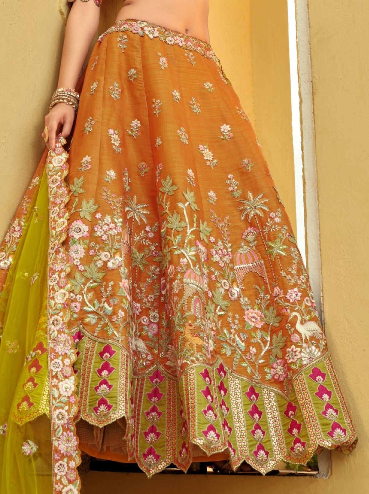 Tangerine Orange Designer Wedding Lehenga Set With Cut Work Border