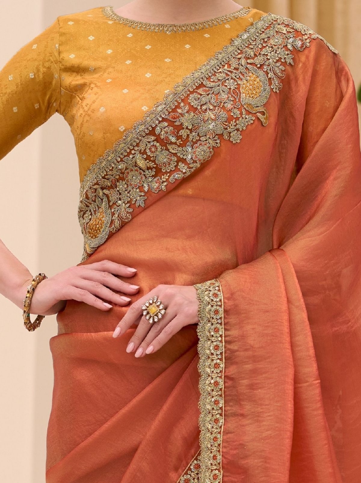 Yam Orange Designer Wedding saree With Blouse Piece - TrendOye