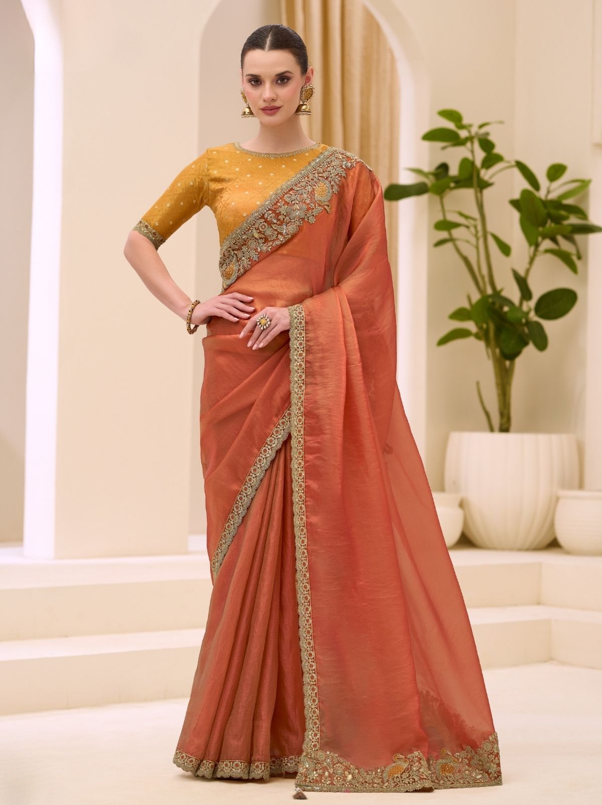 Yam Orange Designer Wedding saree With Blouse Piece - TrendOye