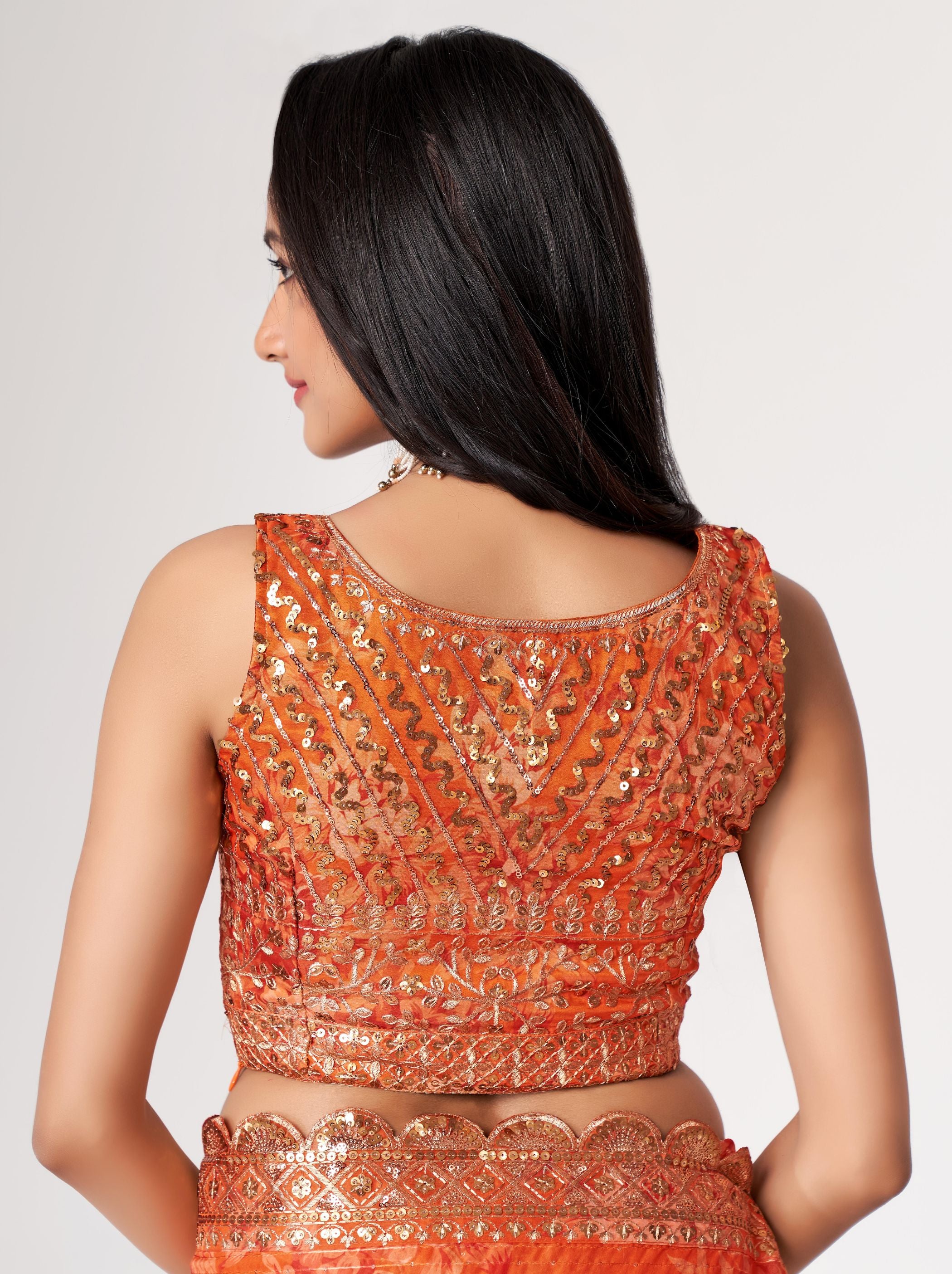 Orange Organza Digital Silk Sequin Saree - TrendOye