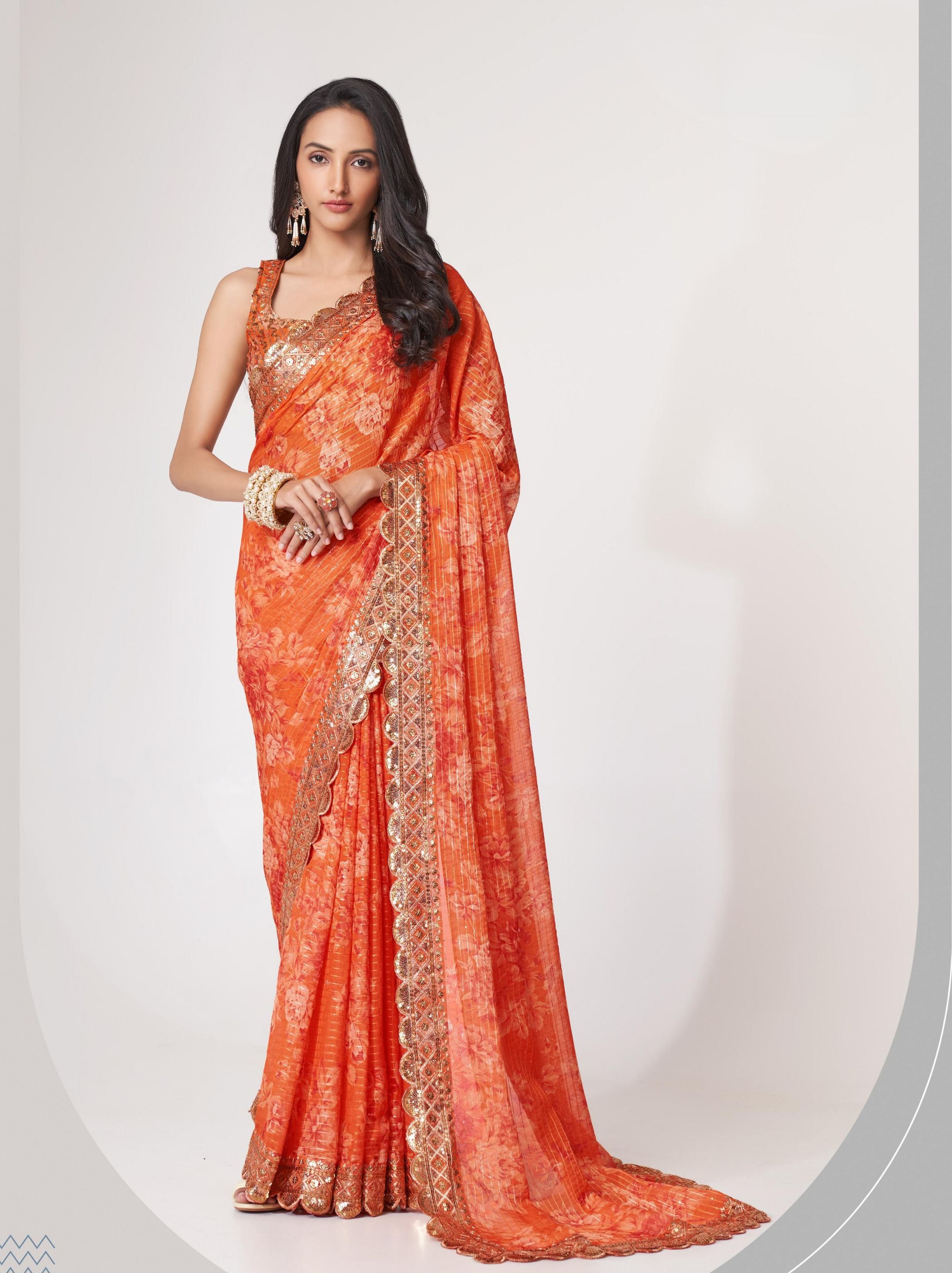 Orange Organza Digital Silk Sequin Saree - TrendOye