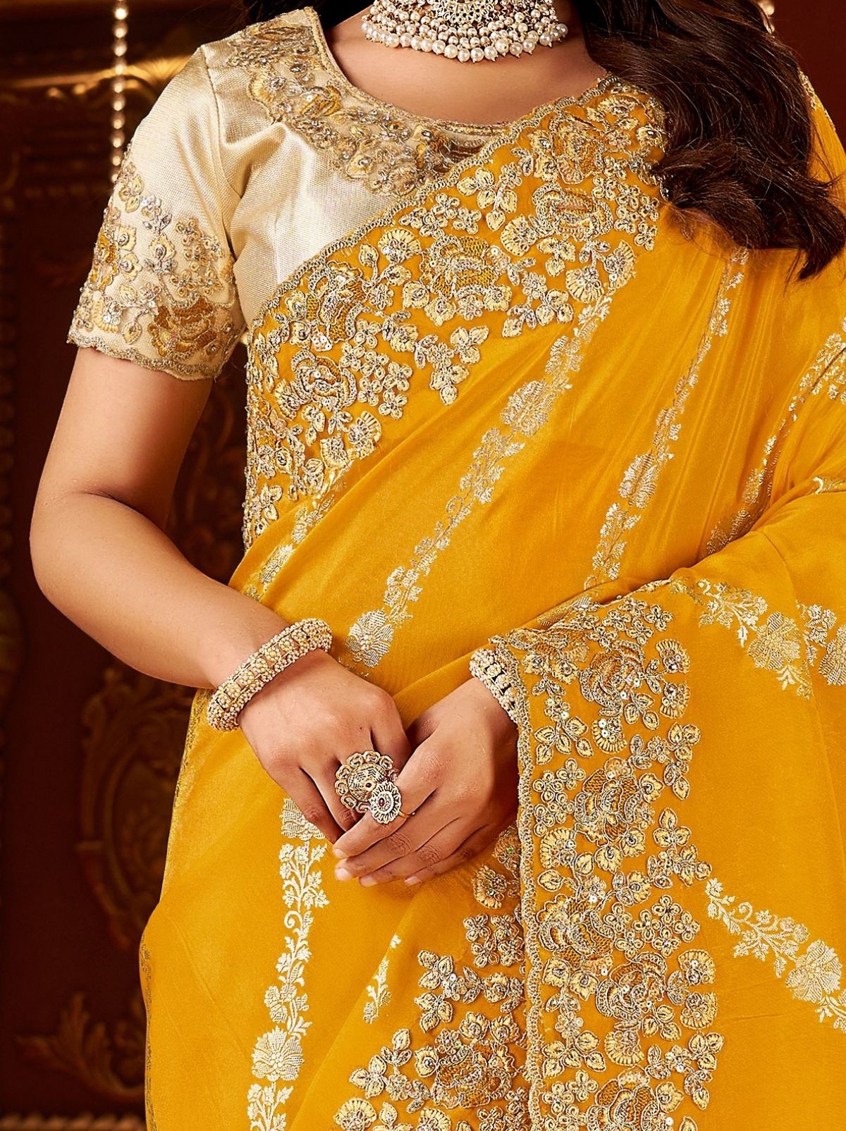 Gold Orange Elegant Wedding Saree With Heavy Border Embroidery