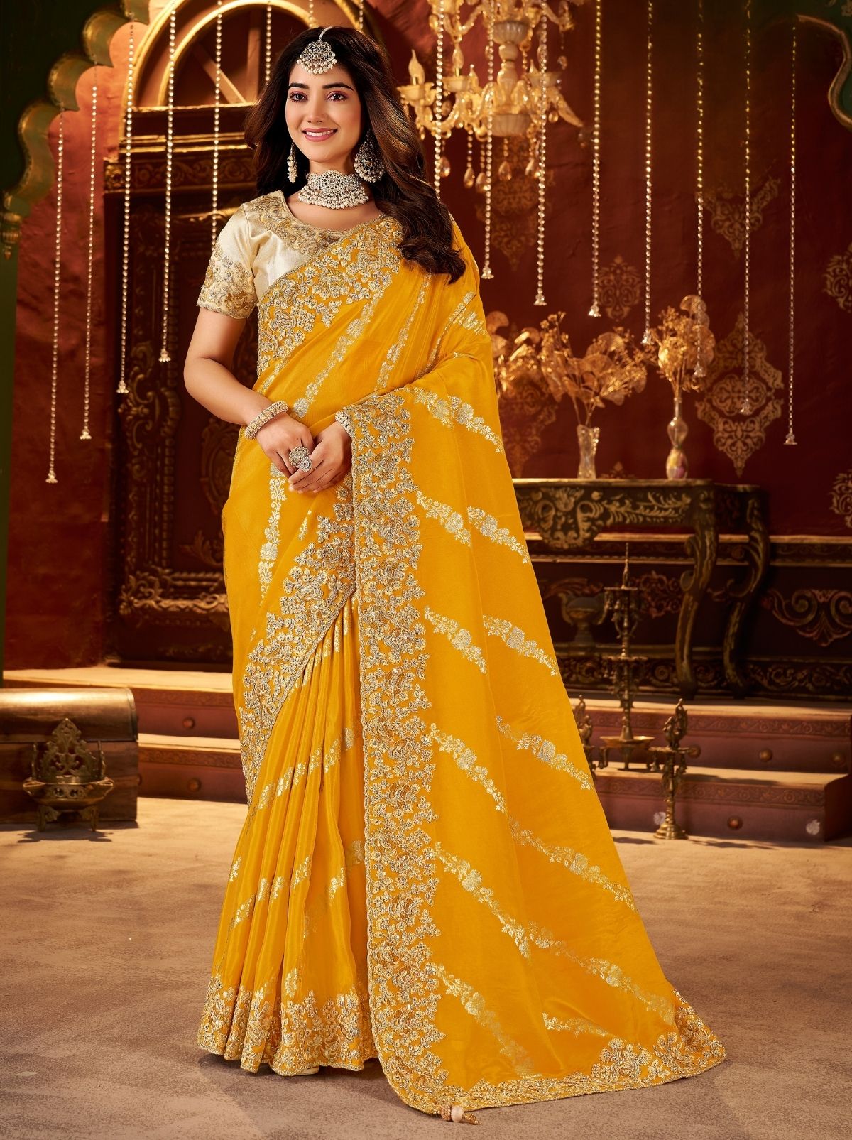 Gold Orange Elegant Wedding Saree With Heavy Border Embroidery
