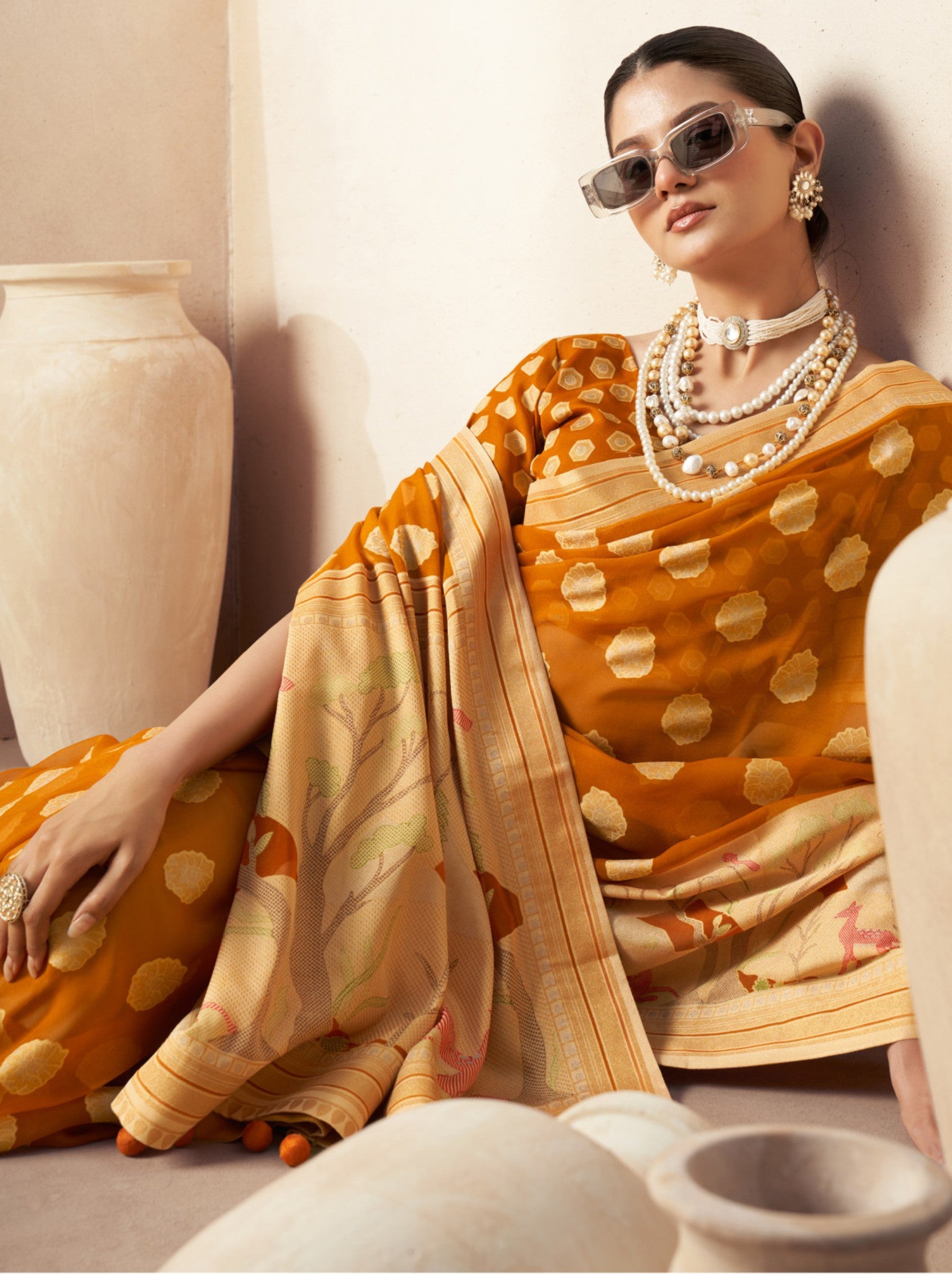 Pumpkin Orange Celebration Saree - TrendOye