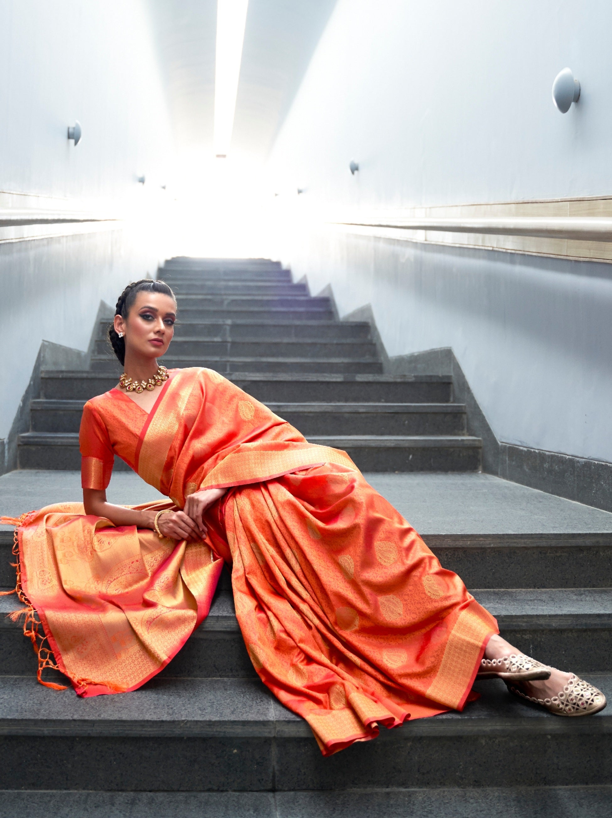 Hot Orange Fancy Soft Silk Saree With Blouse Piece - TrendOye