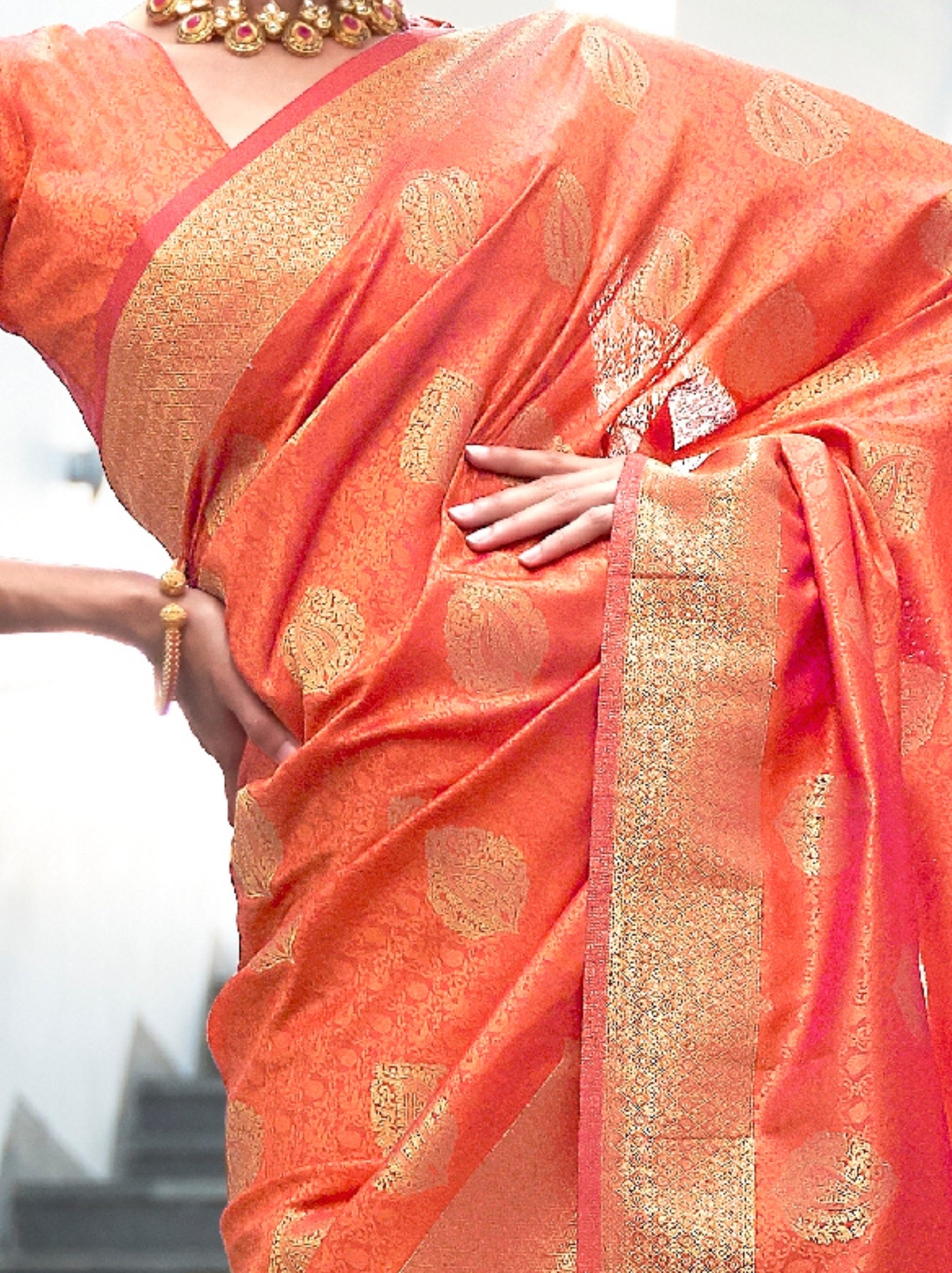 Hot Orange Fancy Soft Silk Saree With Blouse Piece - TrendOye