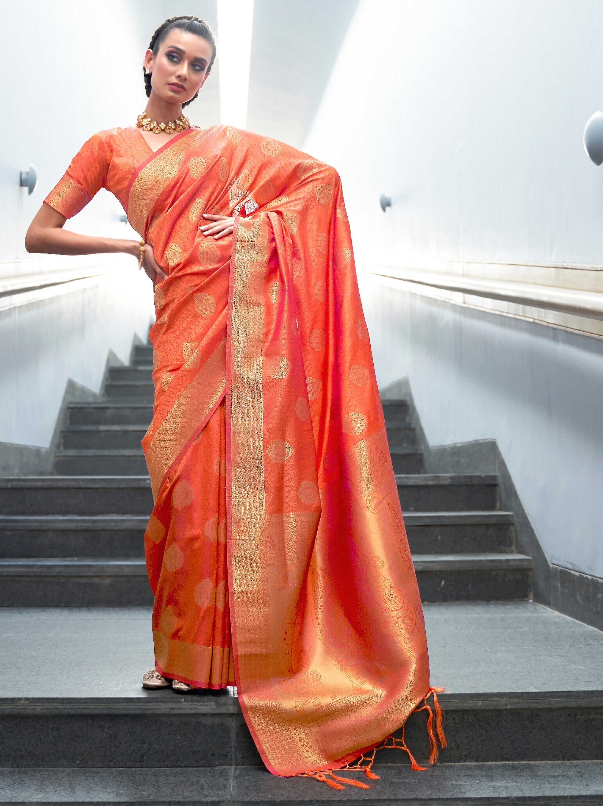 Hot Orange Fancy Soft Silk Saree With Blouse Piece - TrendOye