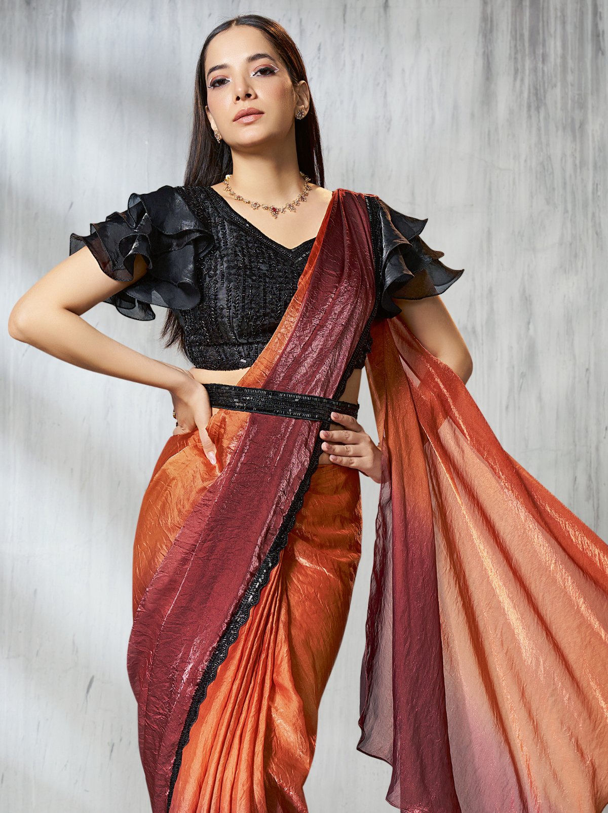Orange-Pink Dual Tone Ready To Wear Satin Saree With Trendy Blouse