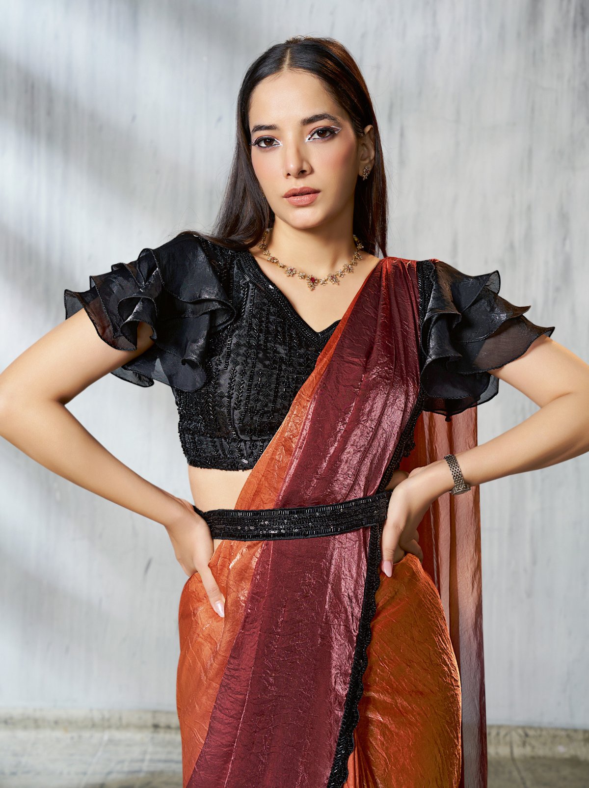 Orange-Pink Dual Tone Ready To Wear Satin Saree With Trendy Blouse