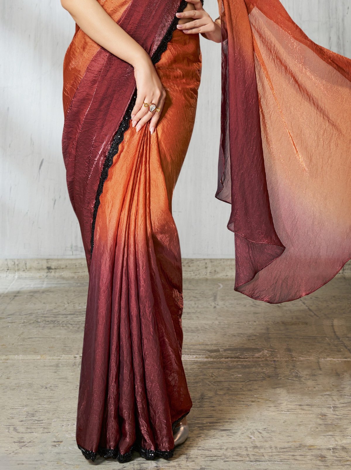 Orange-Pink Dual Tone Ready To Wear Satin Saree With Trendy Blouse