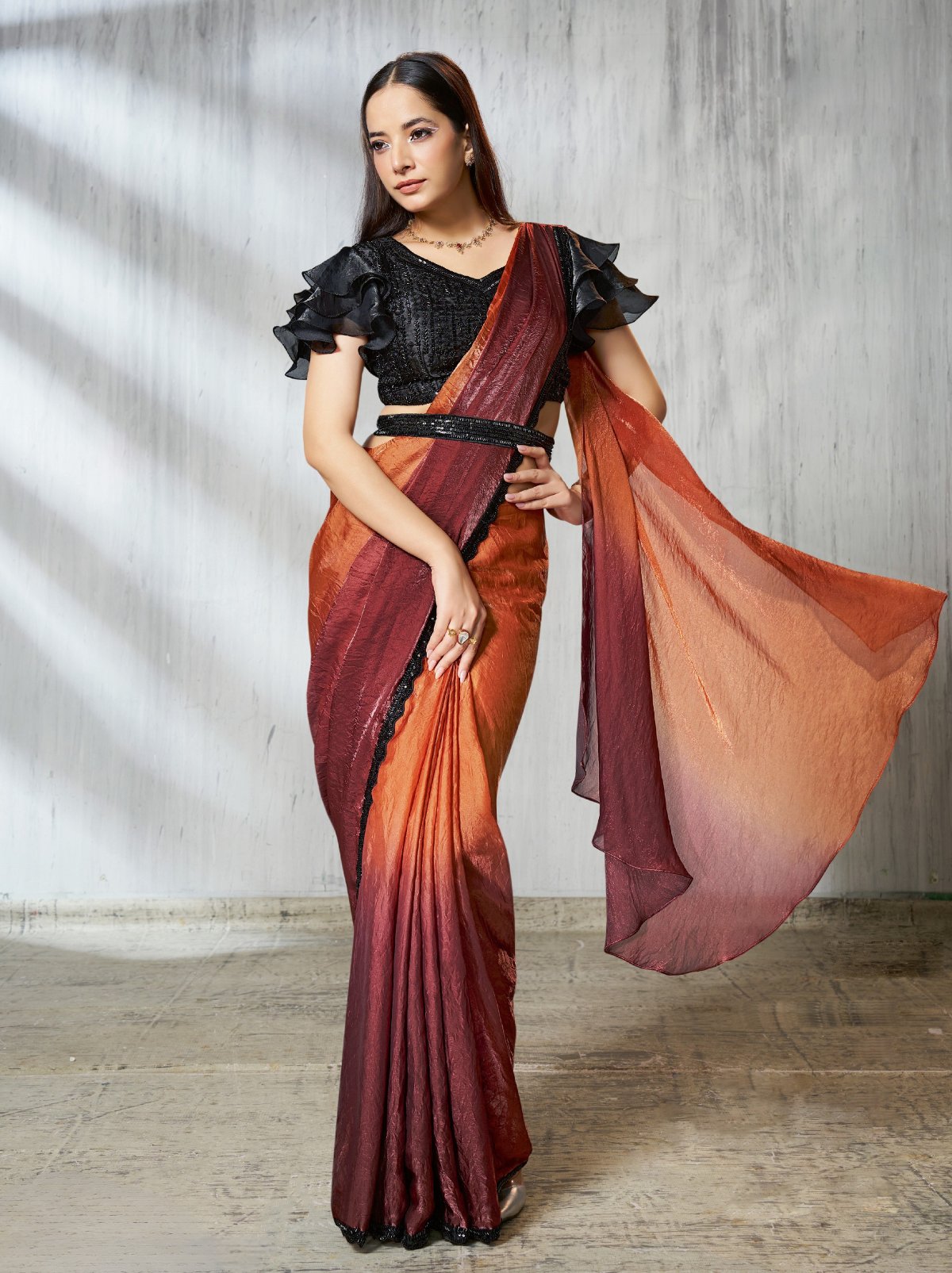 Orange-Pink Dual Tone Ready To Wear Satin Saree With Trendy Blouse