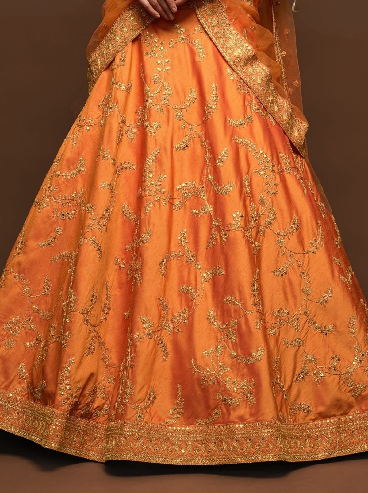 Saffron Orange Premium Celebration Lehenga Set With Sequin & Zari Work