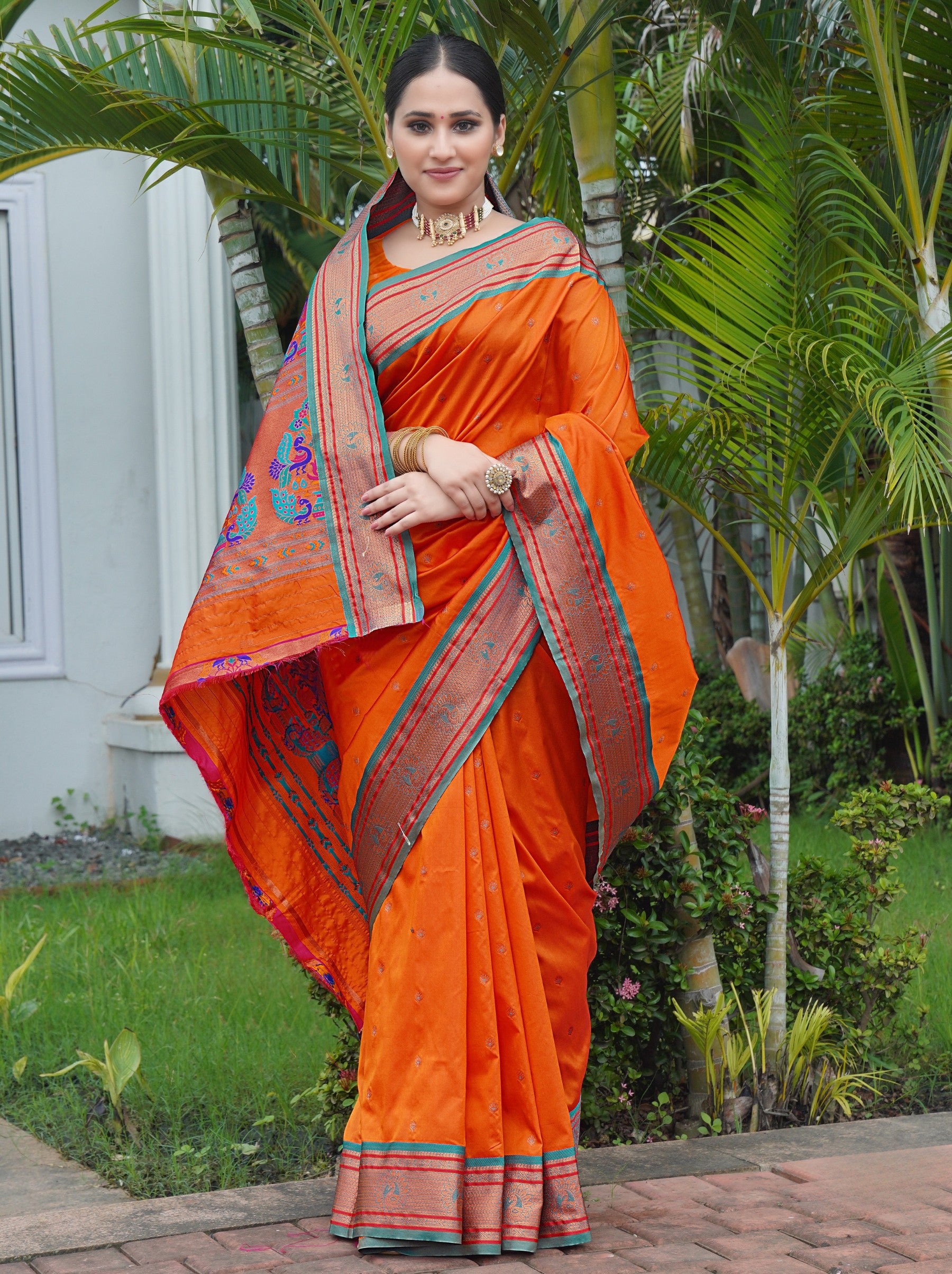 Tiger Orange Festive Saree - TrendOye