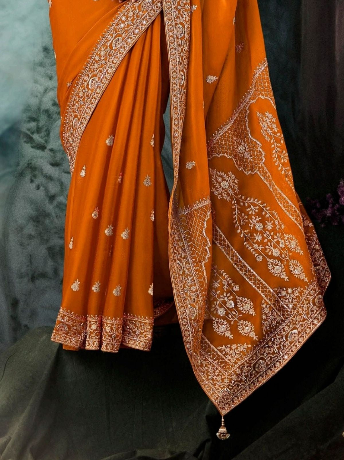 Apricot Orange Premium Fancy Silk Saree With Tassels