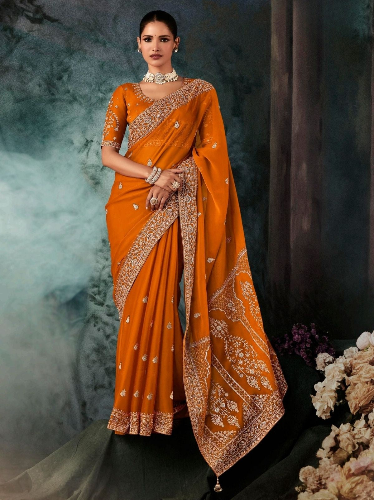 Apricot Orange Premium Fancy Silk Saree With Tassels