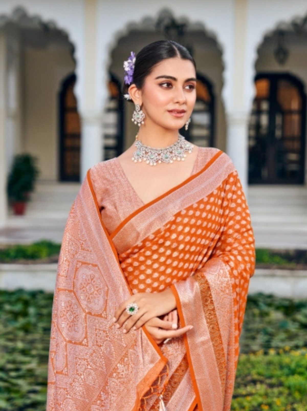 Carrot Orange Premium Georgette Saree With Weaved Motifs