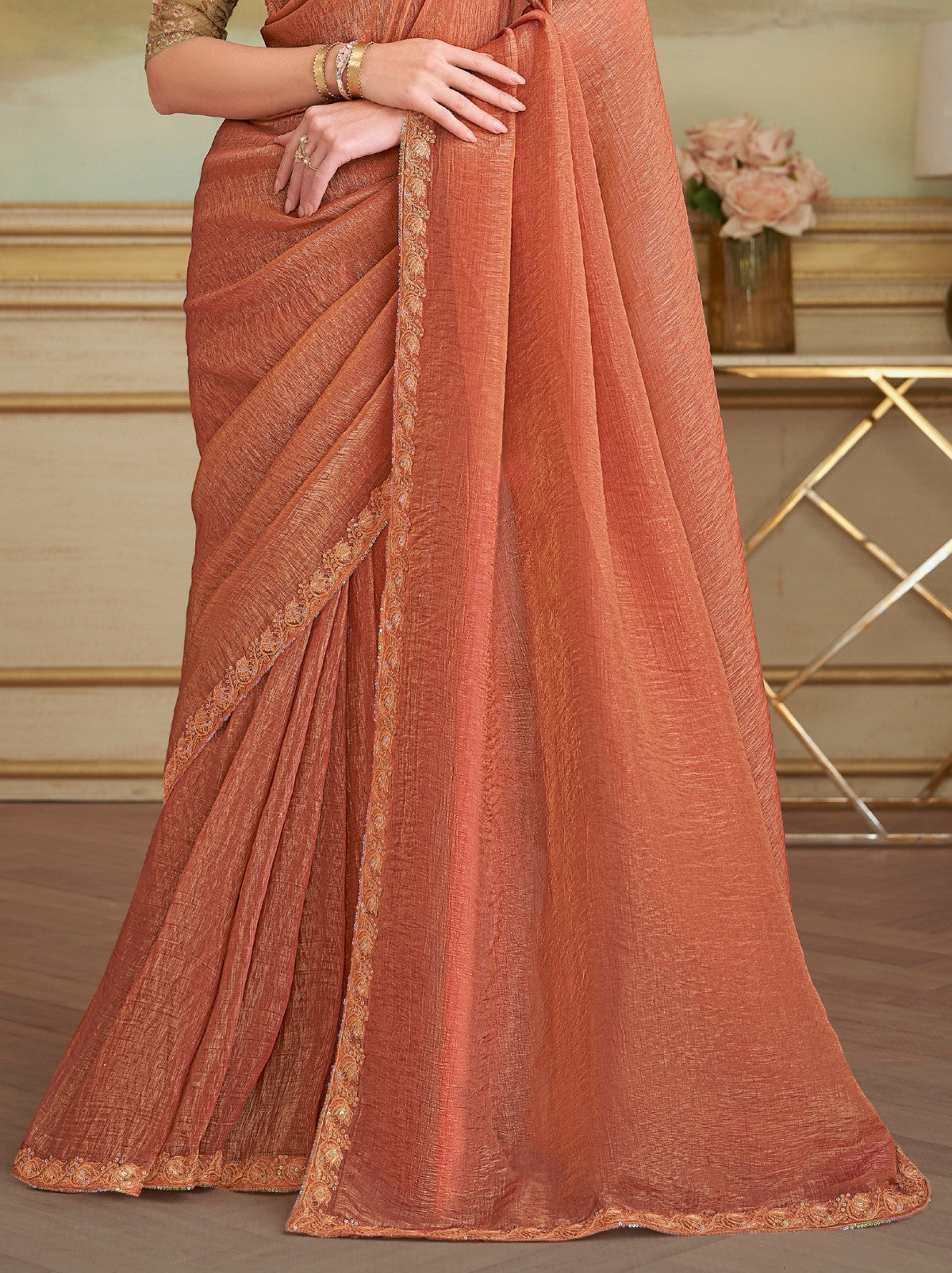 Peach Orange Premium Georgette Silk Saree For Wedding & Parties