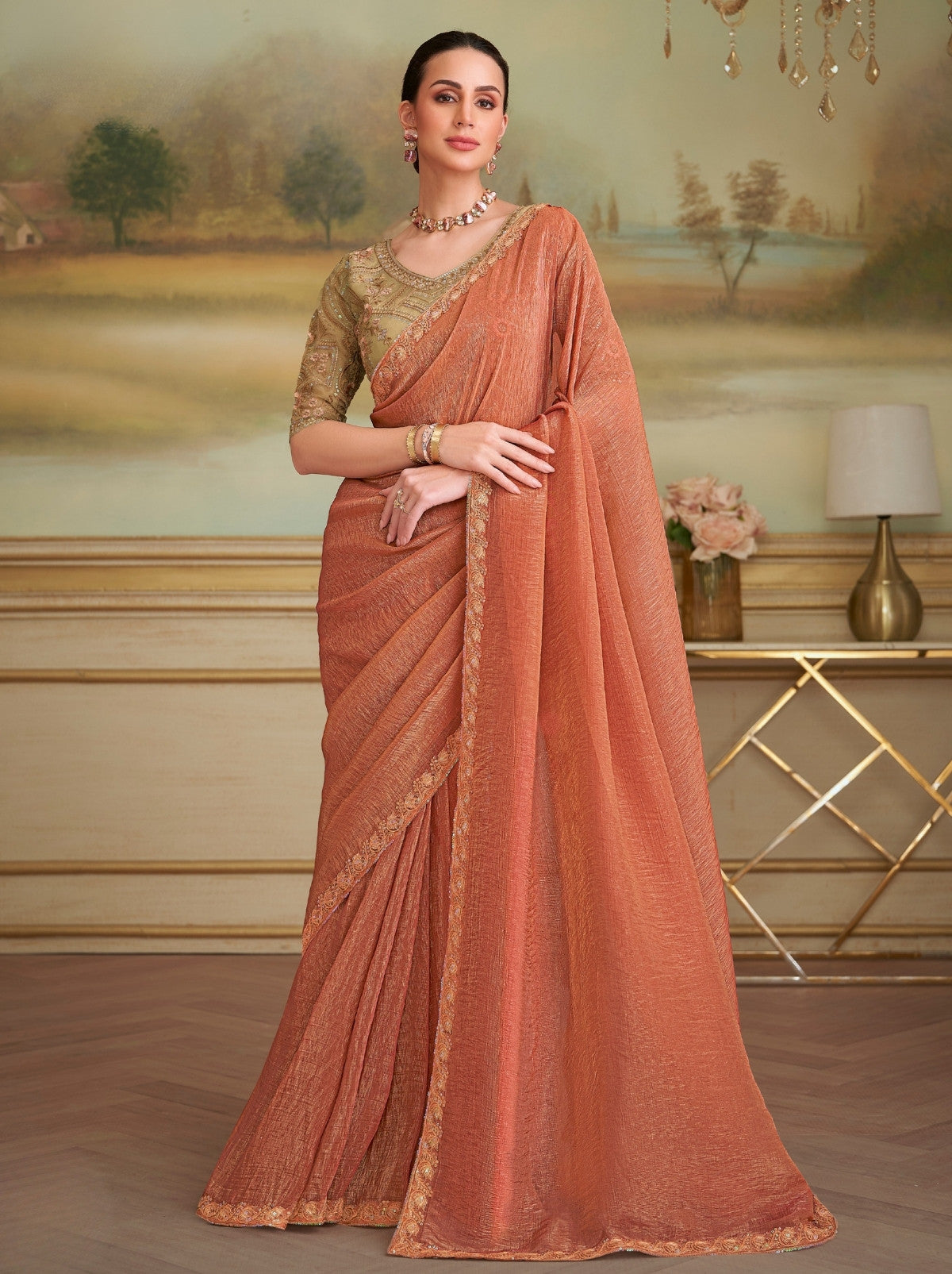 Peach Orange Premium Georgette Silk Saree For Wedding & Parties