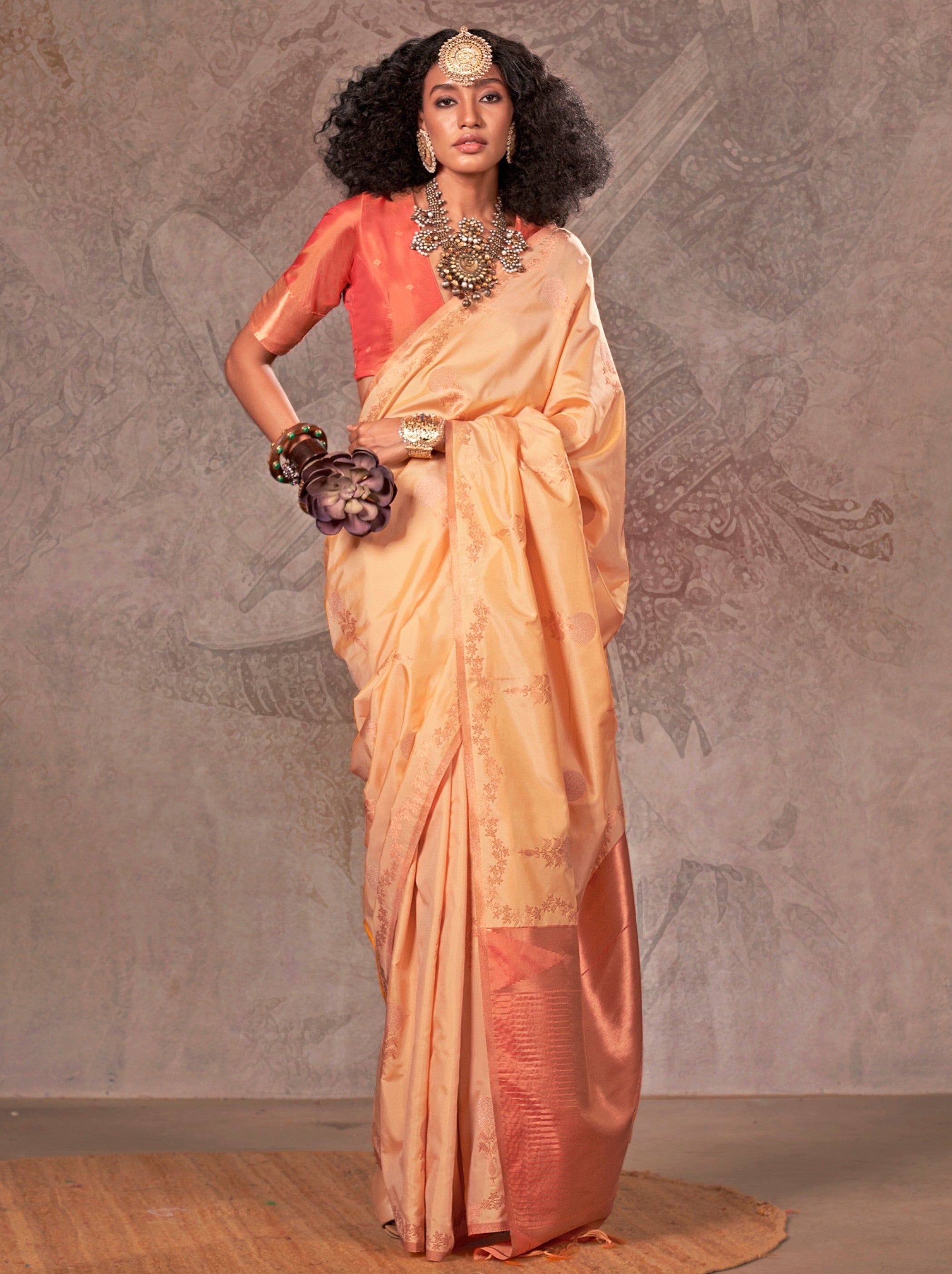 Pastel Orange Designer Two Tone Handloom Silk Saree With Zari Work - TrendOye