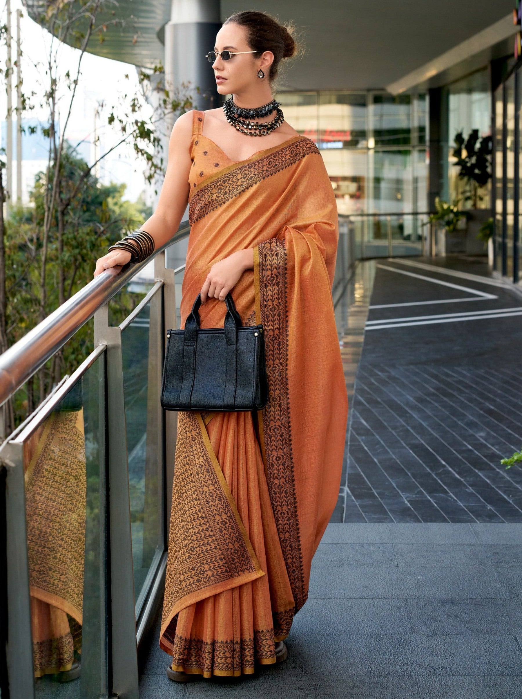 Tangerine Orange Premium Linen Tissue Celebration Saree - TrendOye