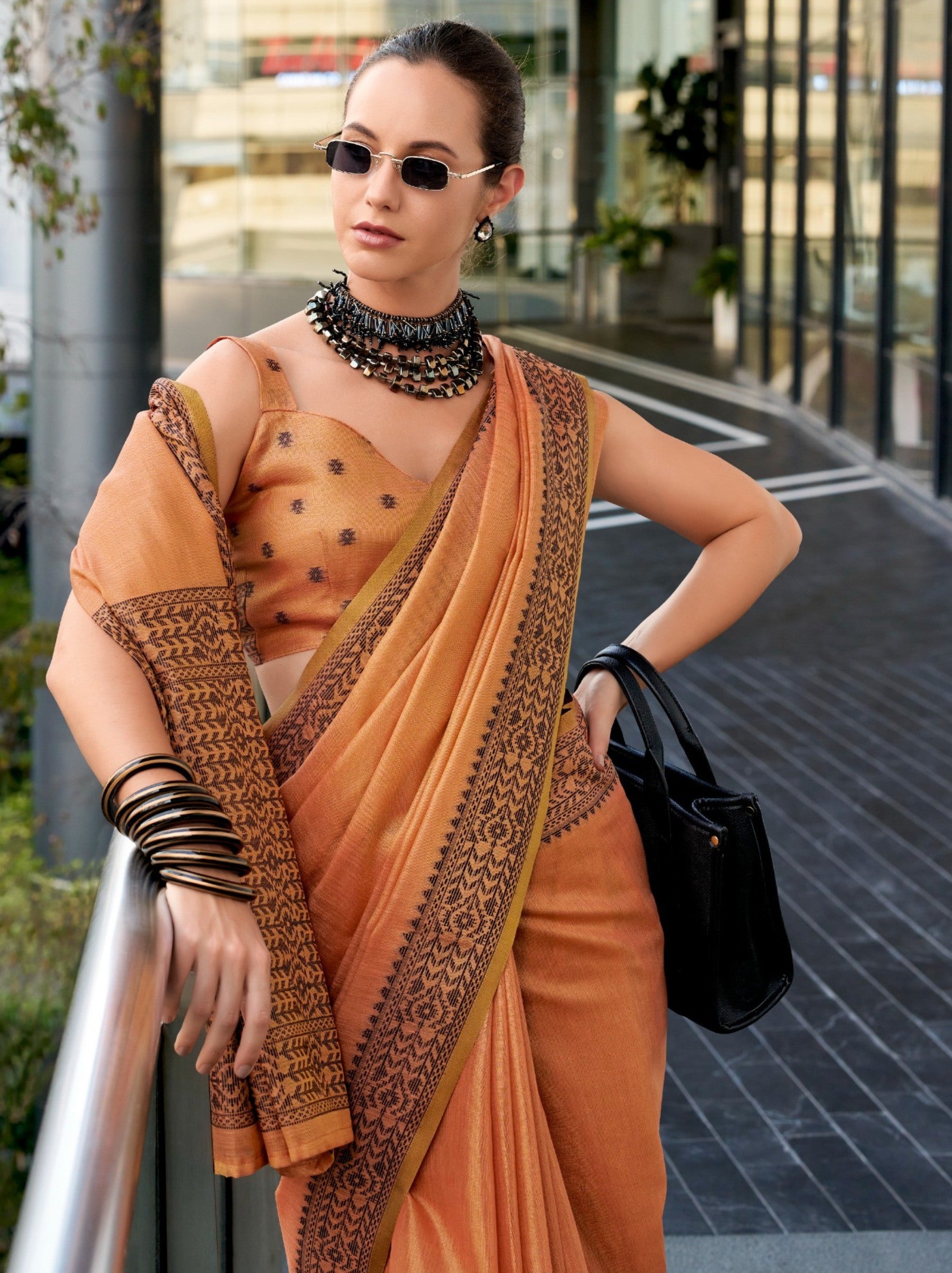 Tangerine Orange Premium Linen Tissue Celebration Saree - TrendOye