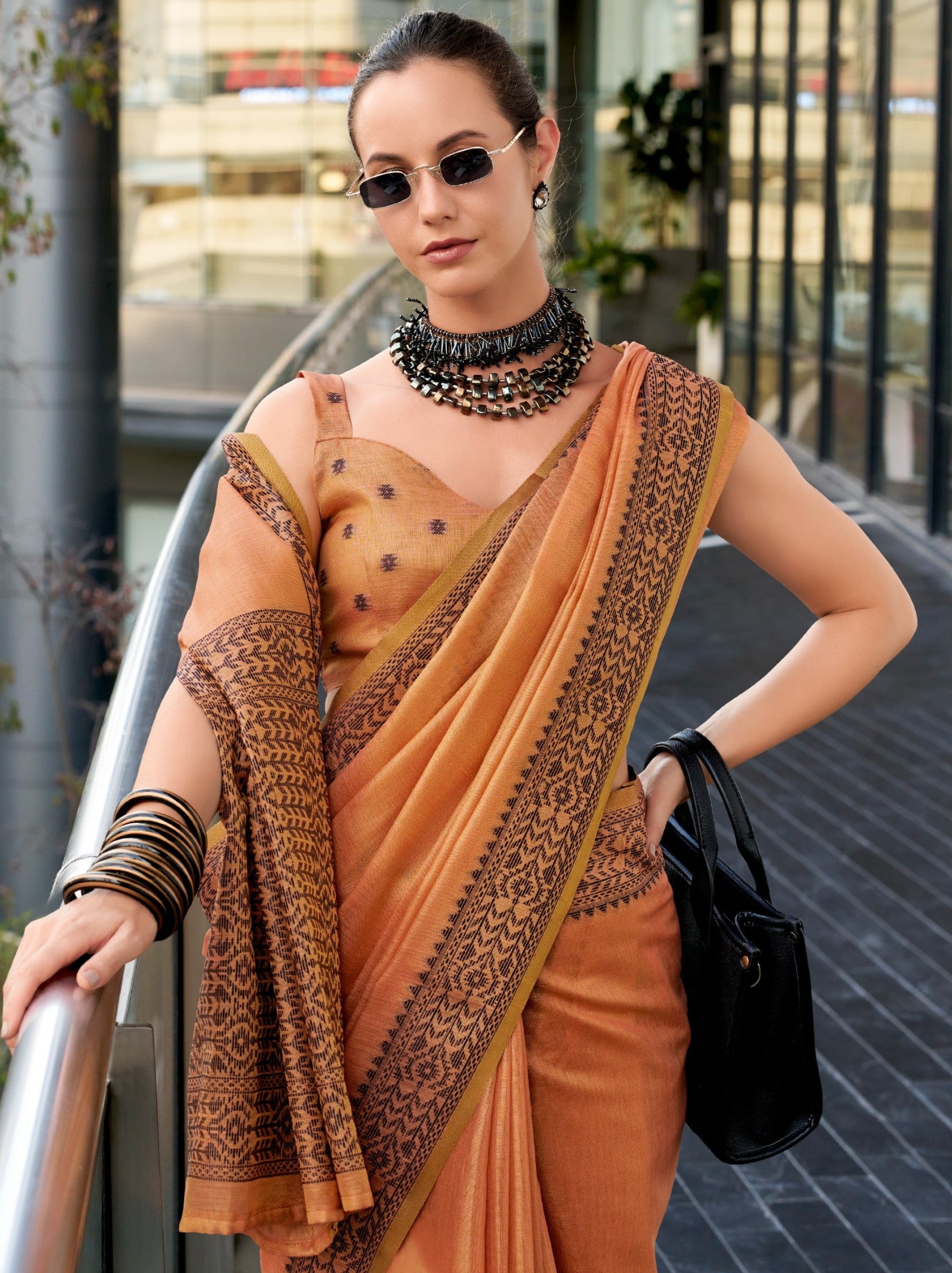 Tangerine Orange Premium Linen Tissue Celebration Saree - TrendOye