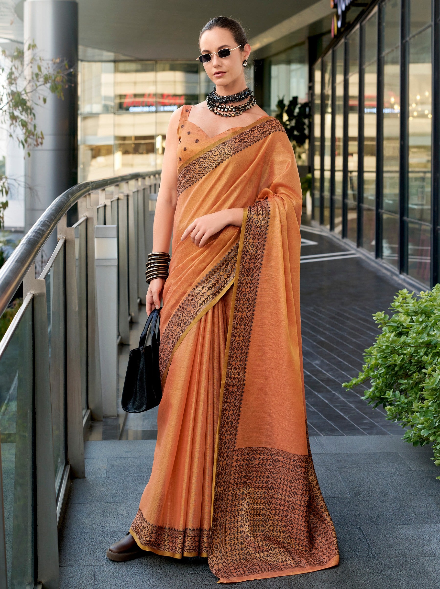 Tangerine Orange Premium Linen Tissue Celebration Saree - TrendOye