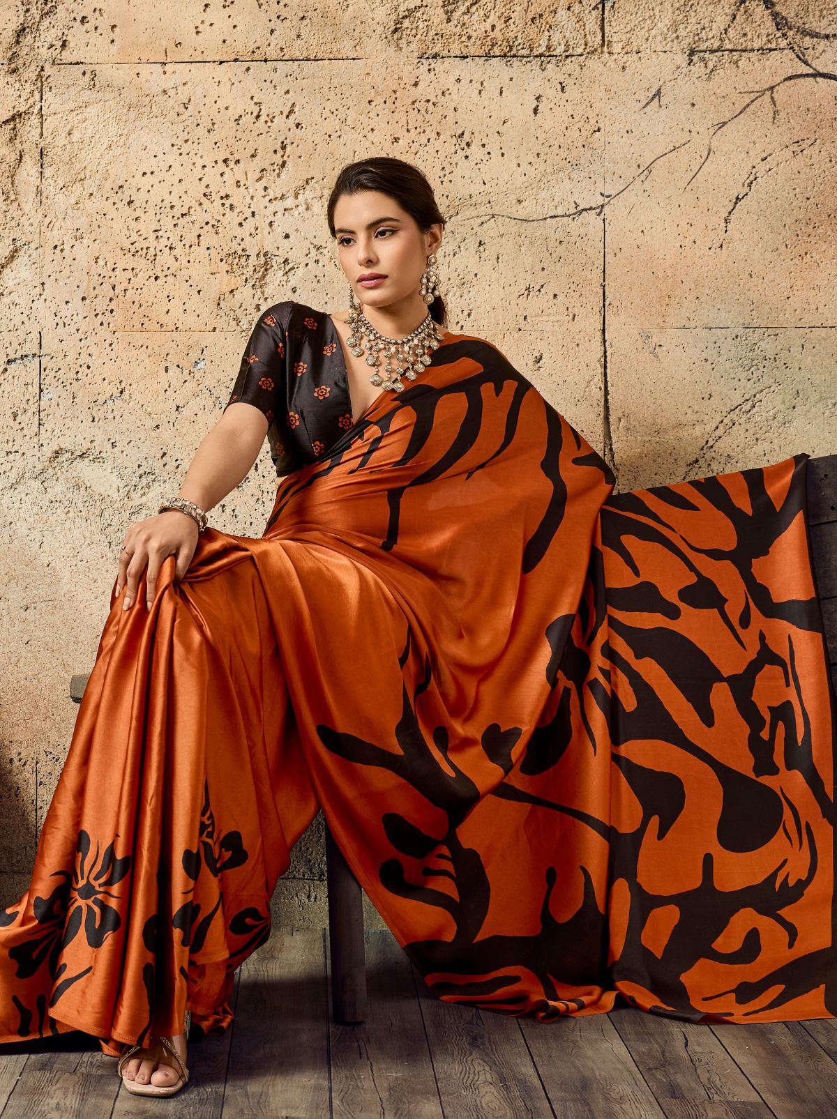 Rust Orange Premium Modal Satin Silk Saree With Blouse Piece