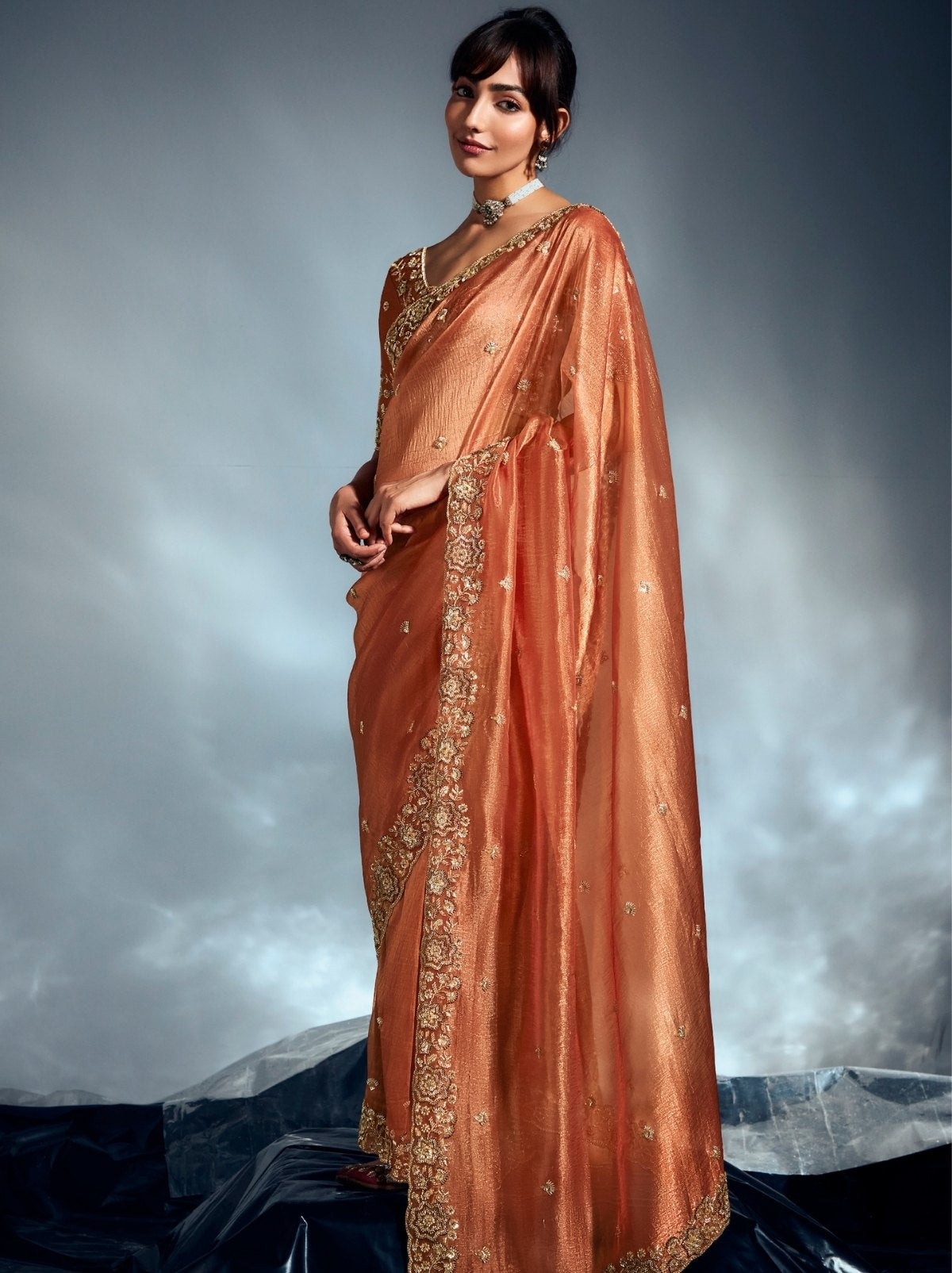 Terracotta Orange Tissue Organza Wedding Saree With Blouse Piece