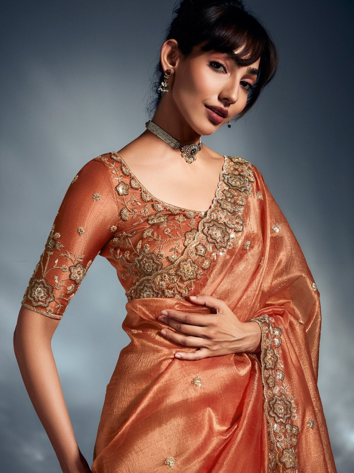 Terracotta Orange Tissue Organza Wedding Saree With Blouse Piece