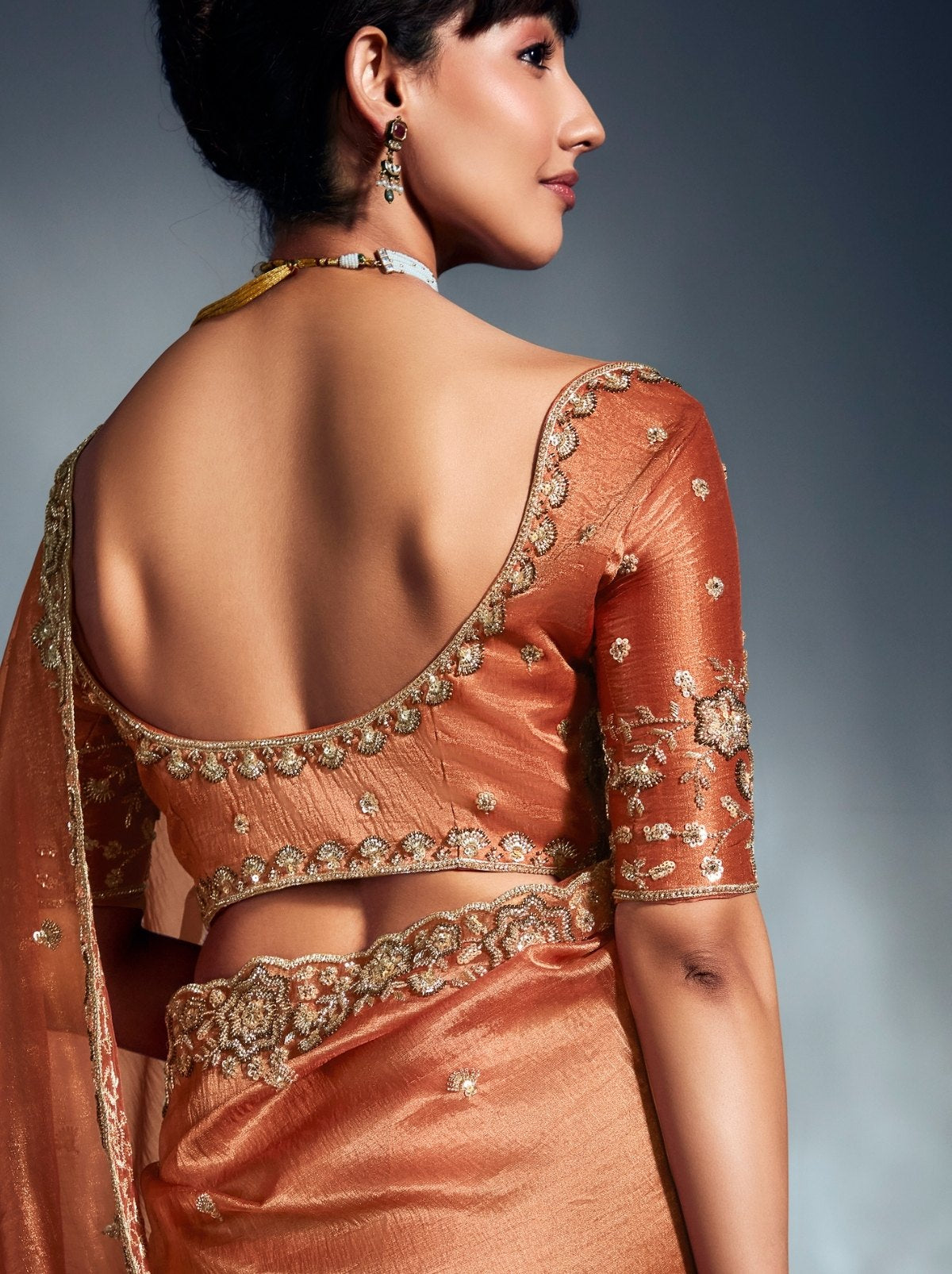Terracotta Orange Tissue Organza Wedding Saree With Blouse Piece