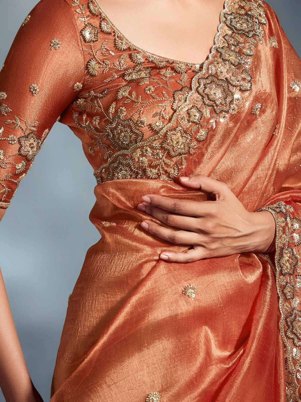 Terracotta Orange Tissue Organza Wedding Saree With Blouse Piece