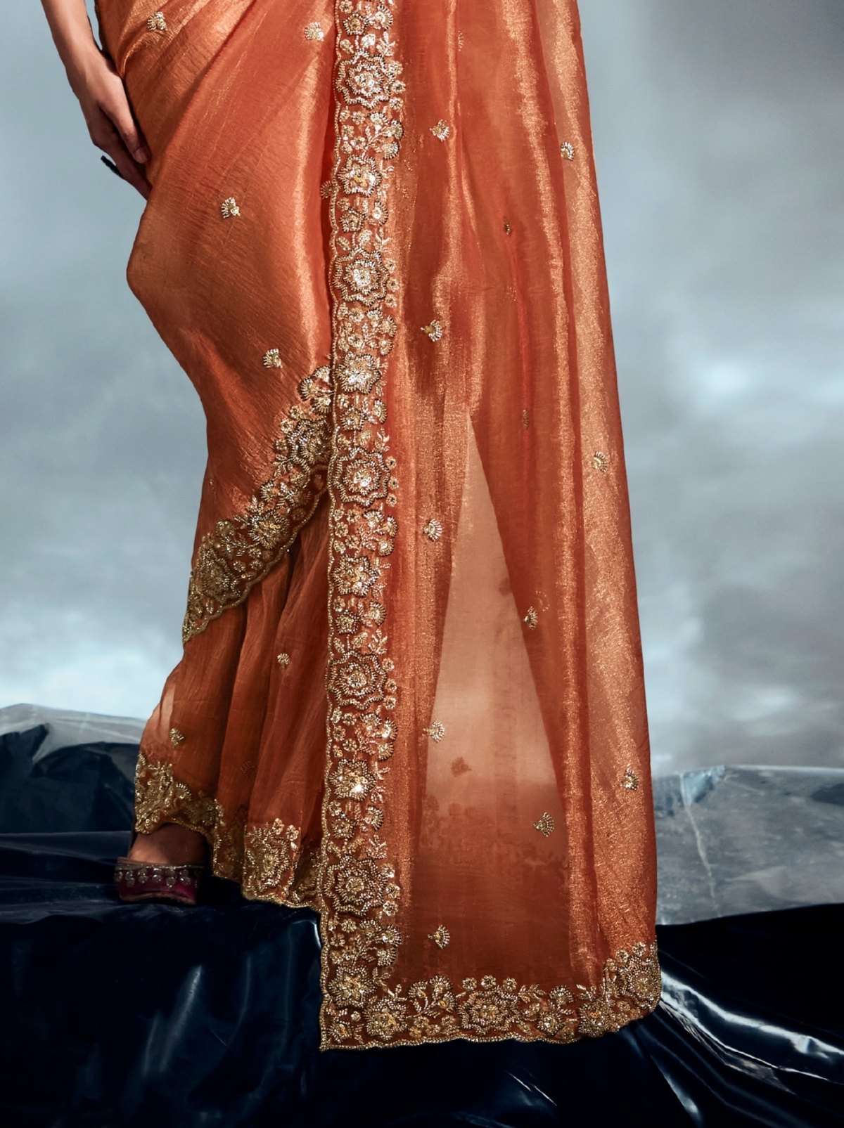 Terracotta Orange Tissue Organza Wedding Saree With Blouse Piece